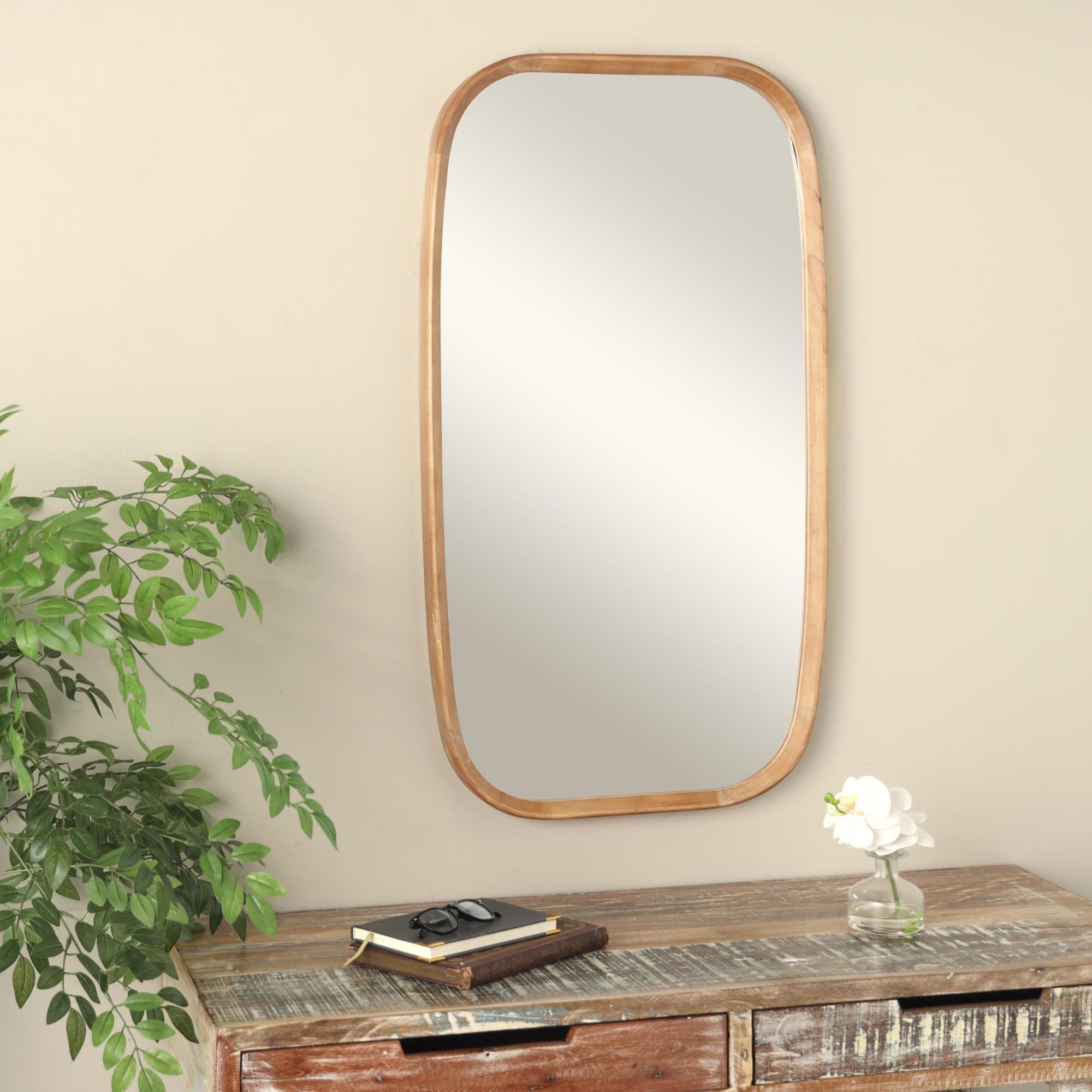 Brown Wooden Room Wall Mirror with Natural Wood Grain and Rounded Edges
