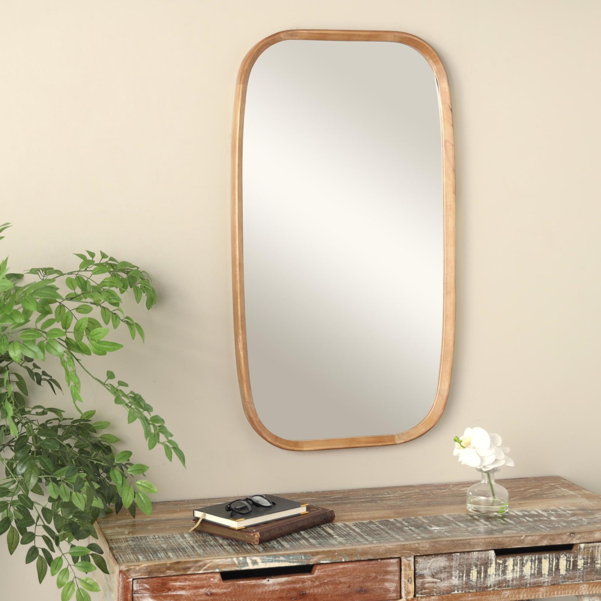 Brown Wooden Room Wall Mirror with Natural Wood Grain and Rounded Edges