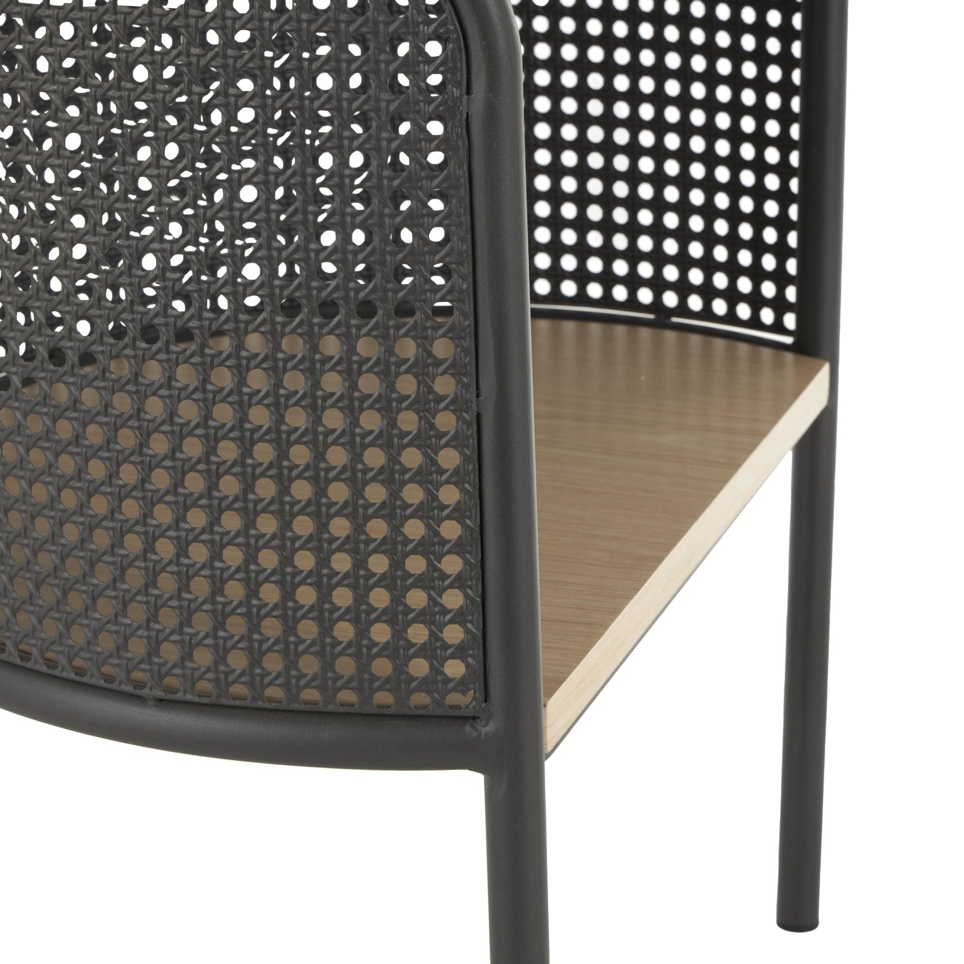 Light Brown Wooden Half-Moon Two- Toned Side End Accent Table with Mesh Back Panel and Brown Wood Tabletop