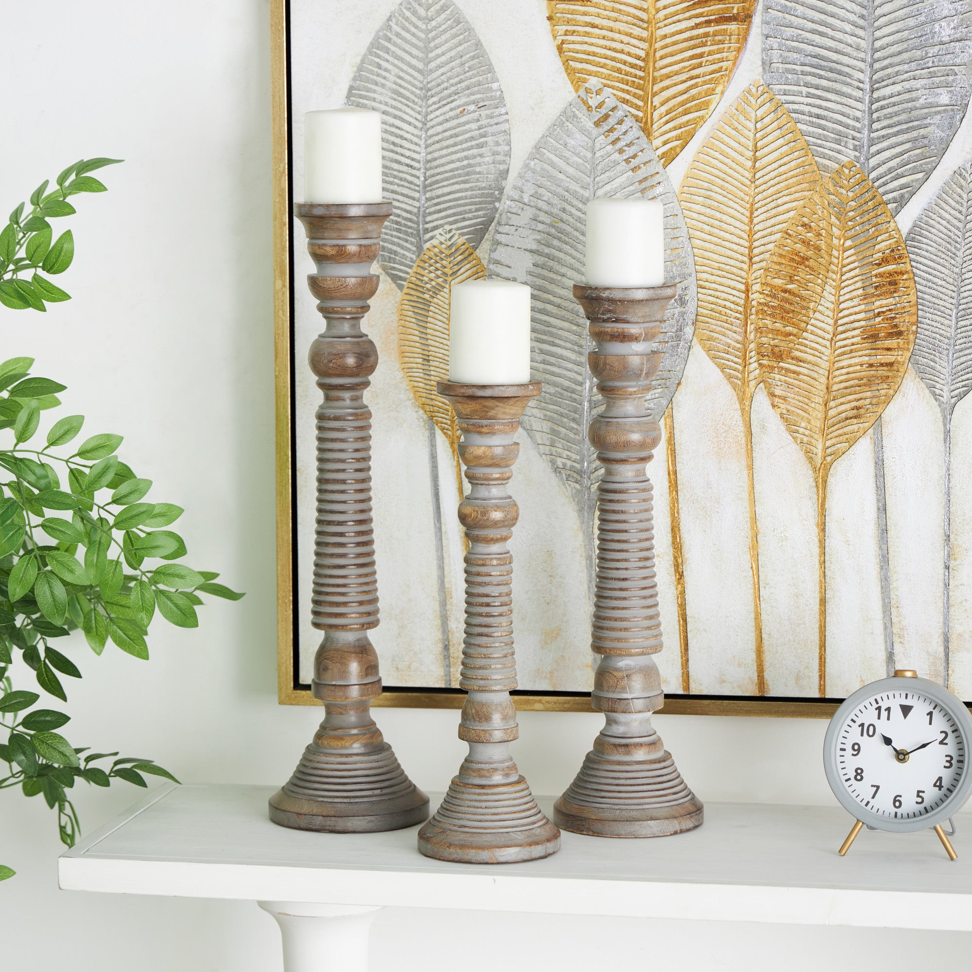 Set of 3 Light Gray Mango Wood Handmade Decorative Candle Holder