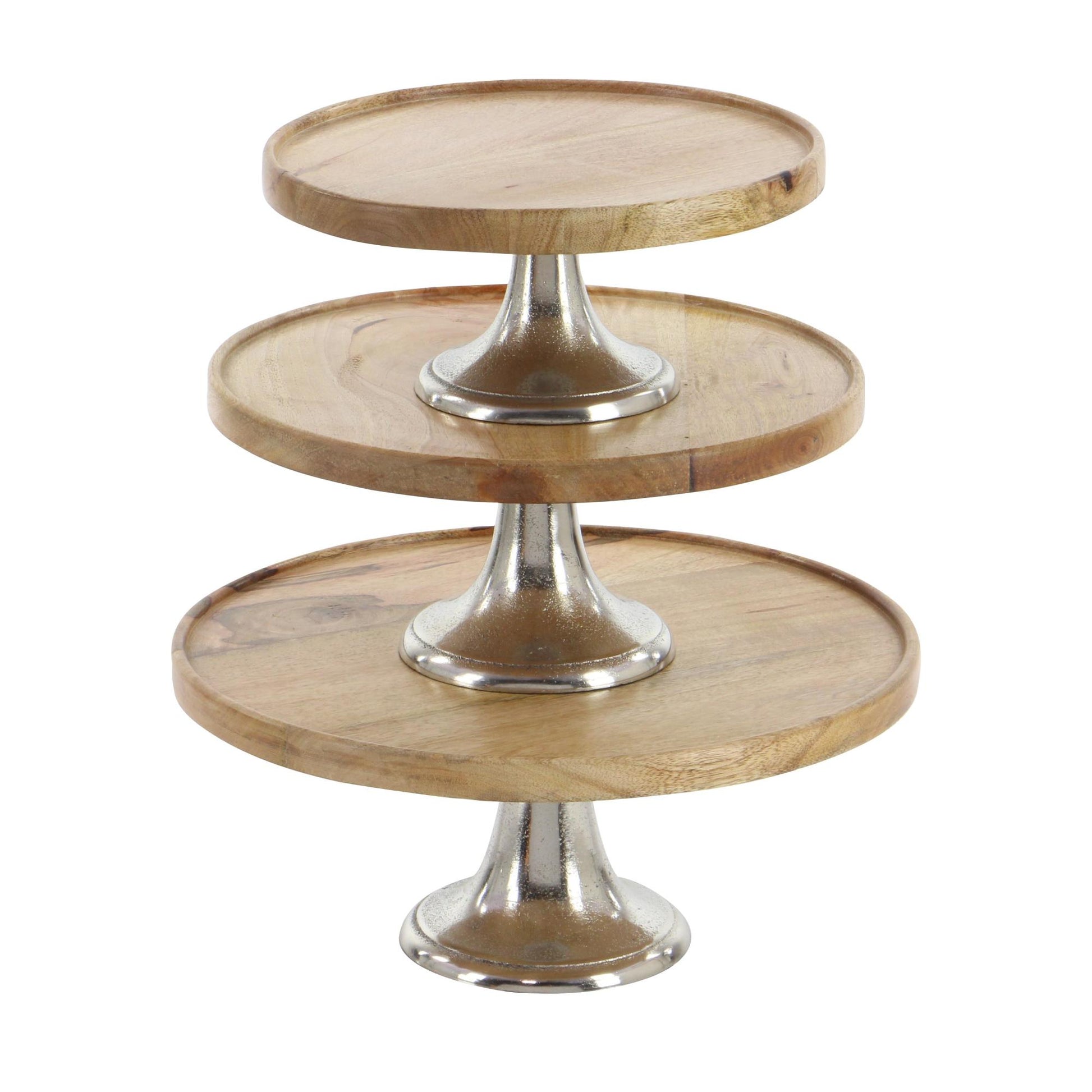 Set of 3 Mango Wood Decorative Cake Stand with Silver Aluminum Cone Base