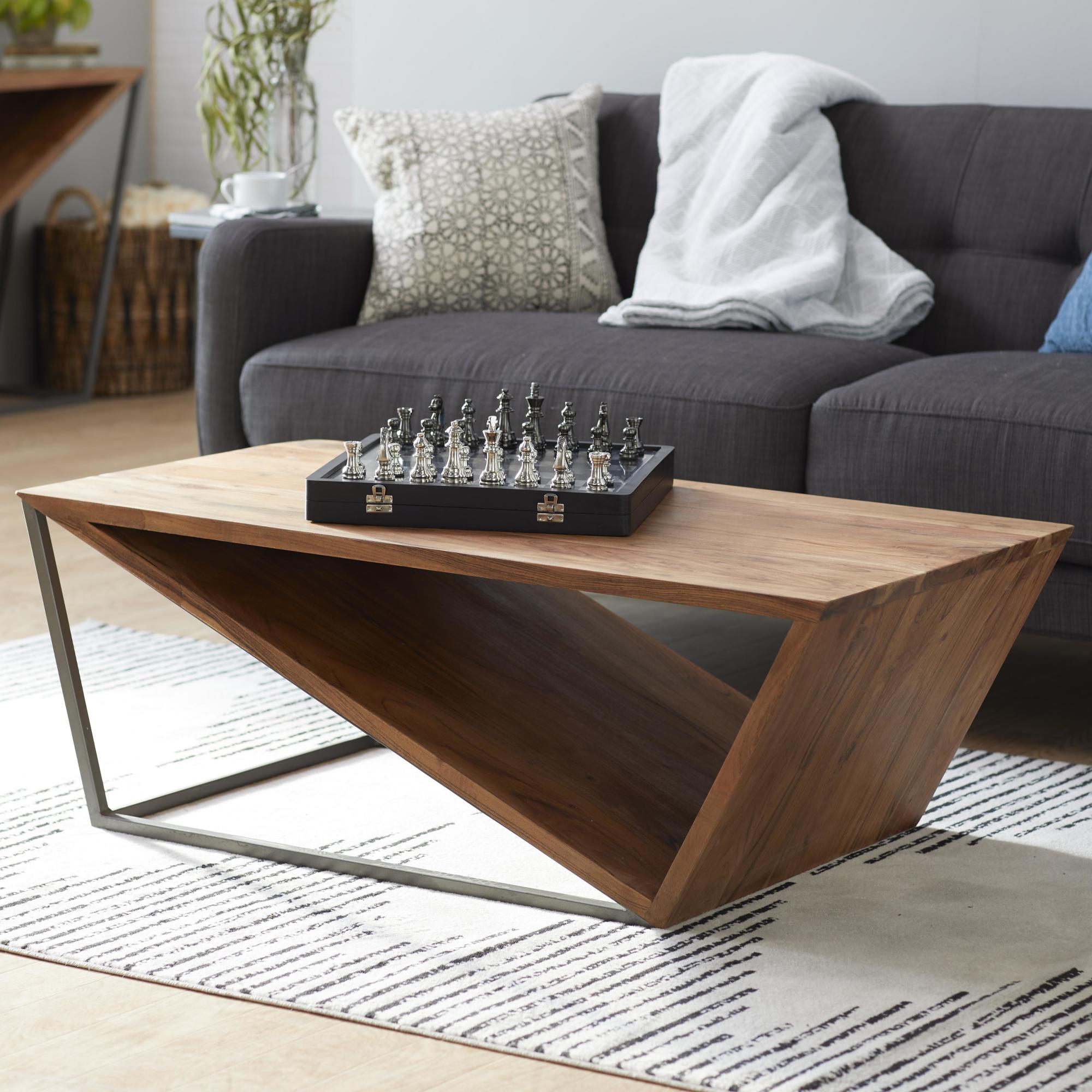 Geometric Brown Wood Diagonal Open Frame Living Room Coffee Table with Gray Metal Base