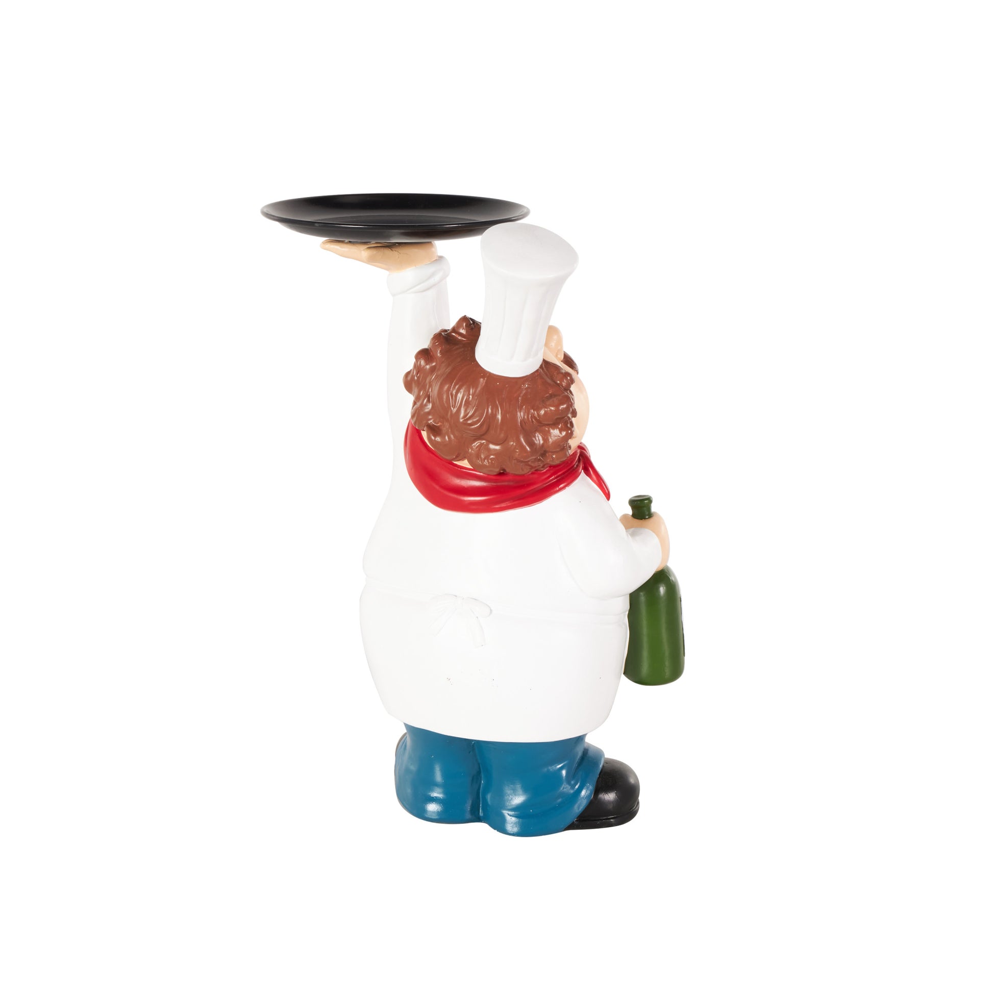 Chef White Polystone Kitchen Decorative Figurine Decorative Sculpture with Black Tray and Green Bottle