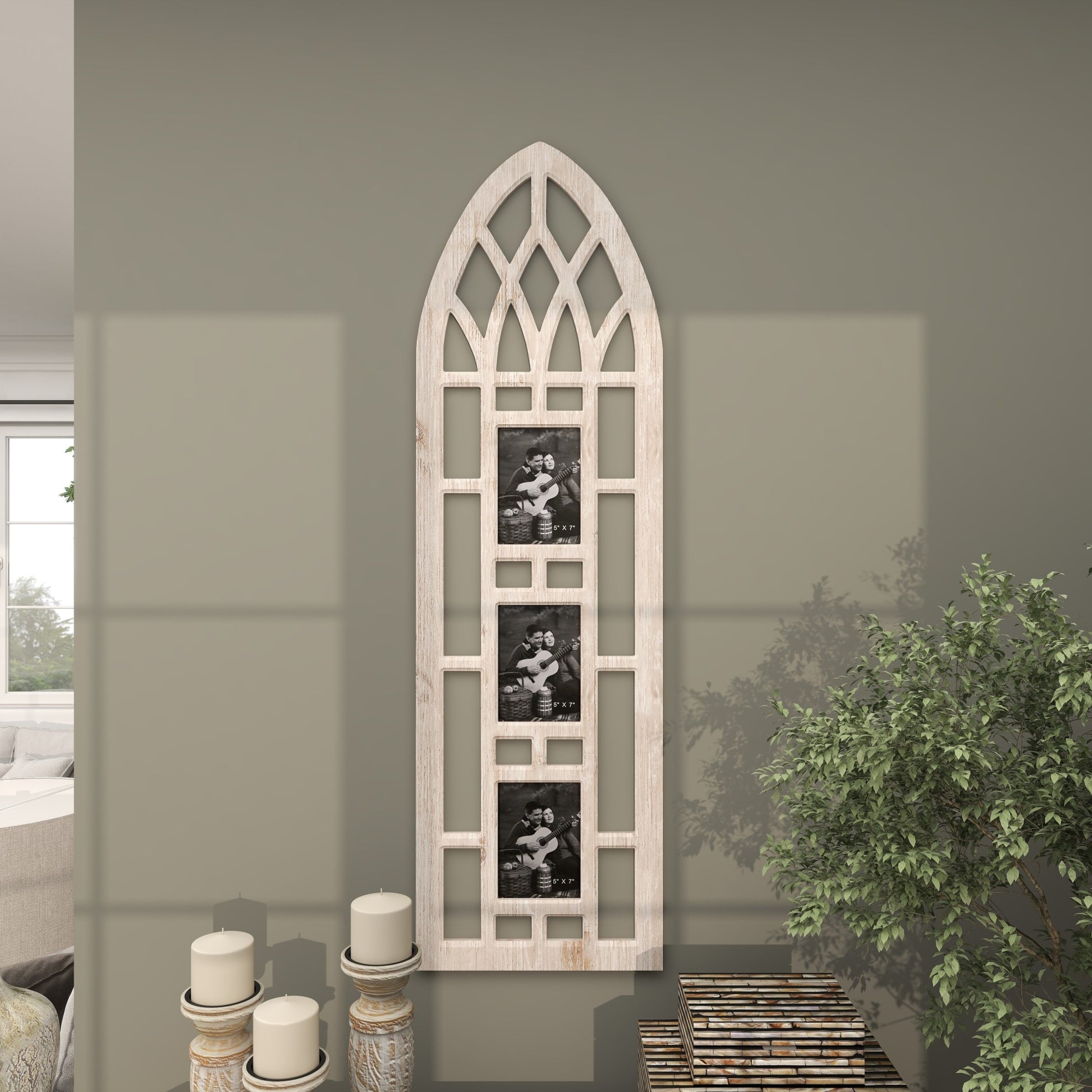 Light Brown Wooden Slim Arched Window Inspired 3 Slot Ornate Wall Photo Frame