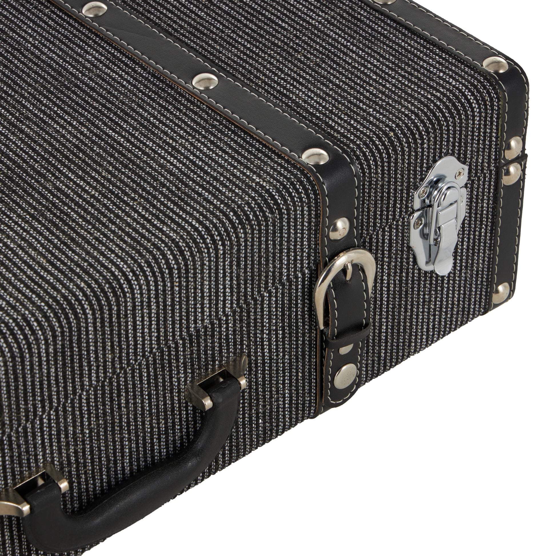 Set of 2 Black Fabric Woven Storage Decorative Trunk with Silver Latches and Buckles