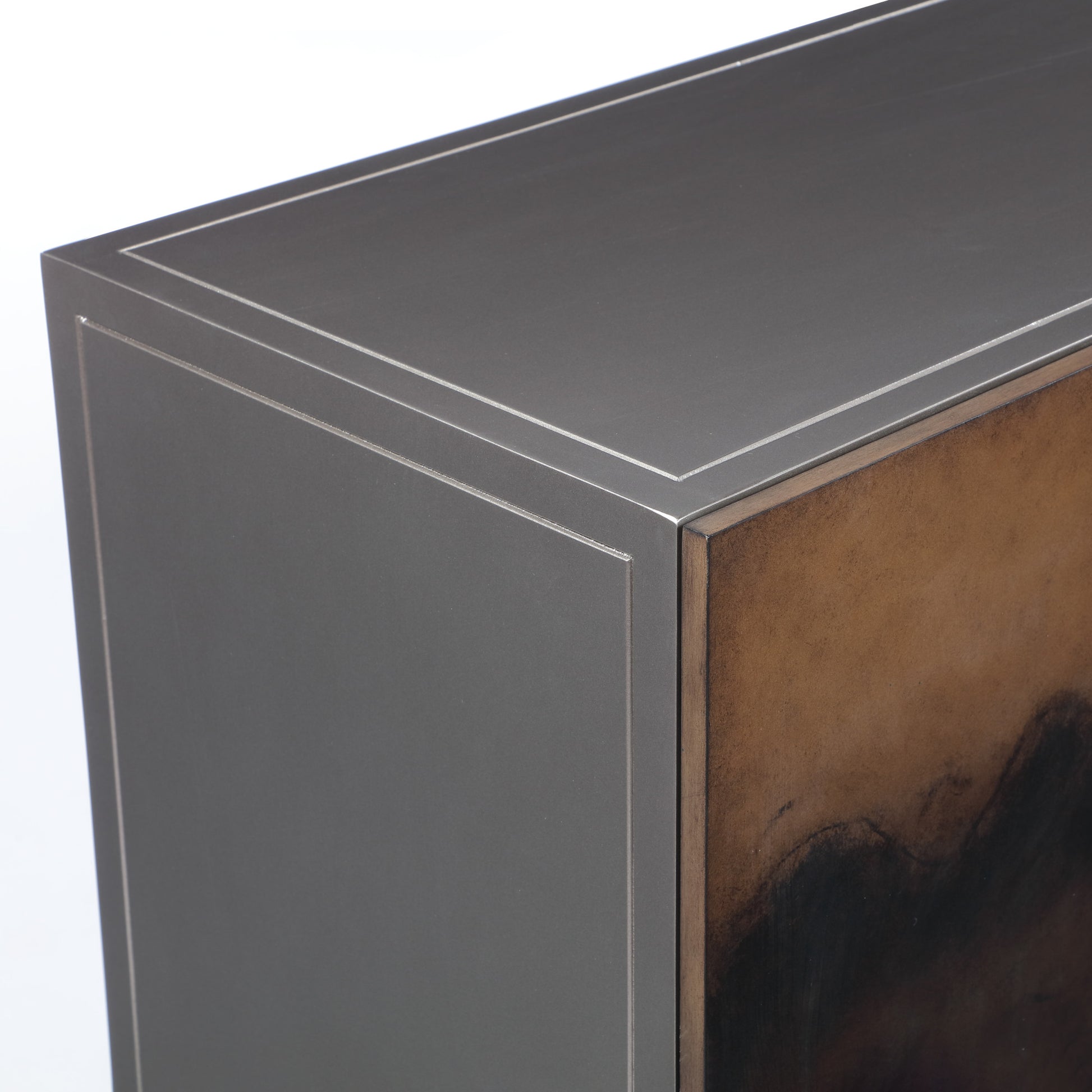 Silver Metal 2 Door Media Credenza Cabinet with Brown Wavy Designed Wooden Front