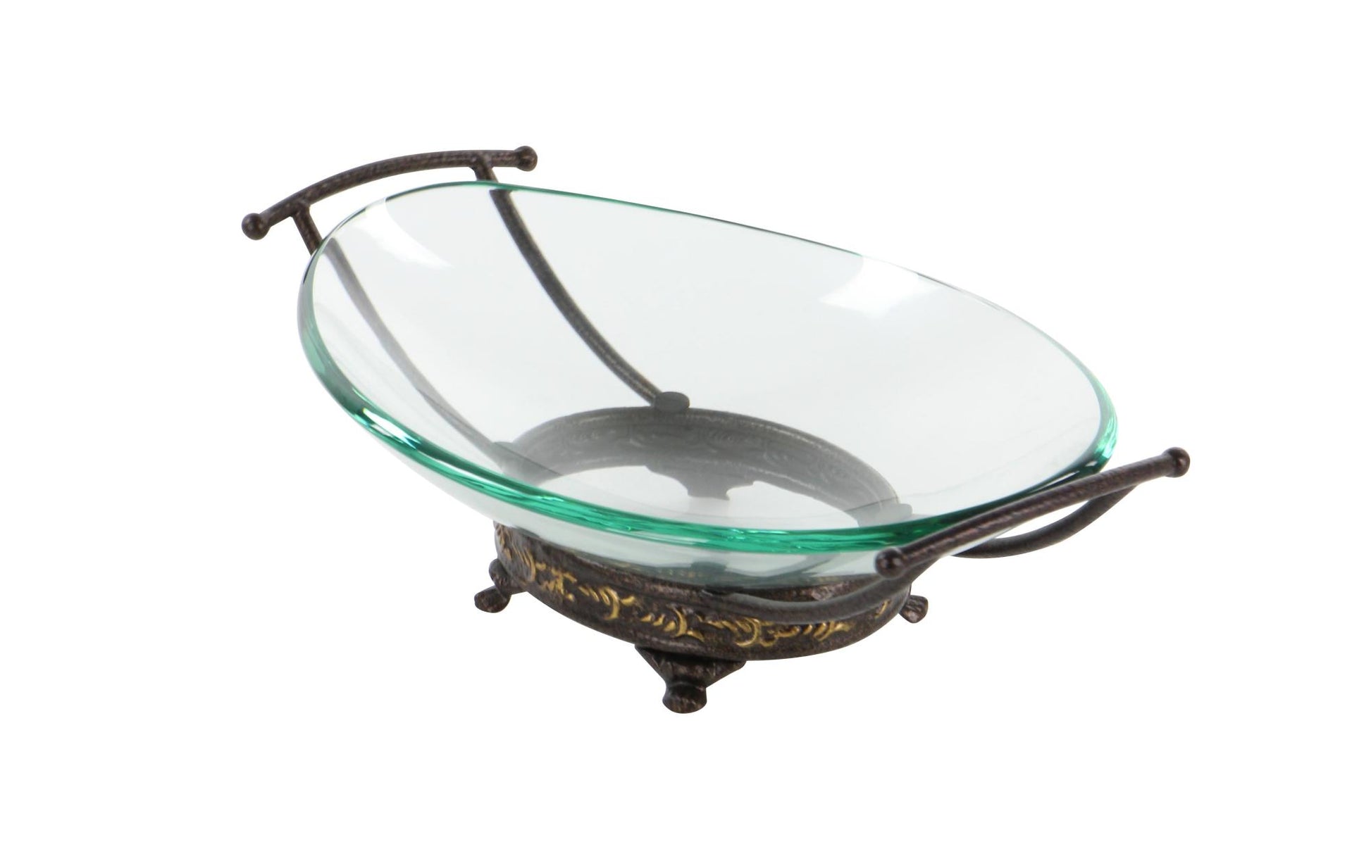 Kitchen Clear Tempered Glass Decorative Serving Bowl with Brown Metal Base