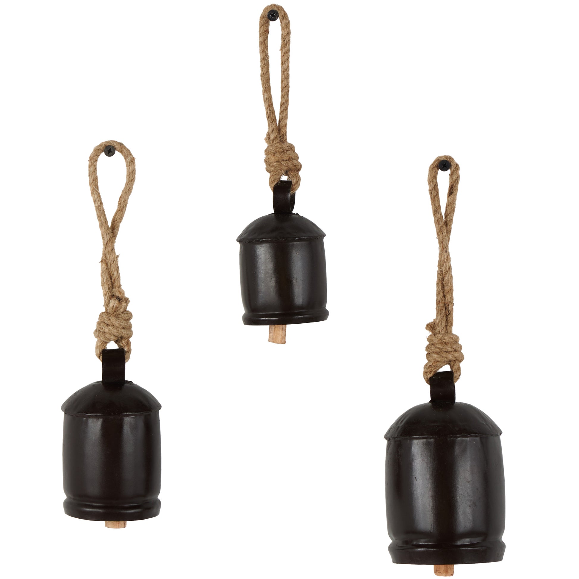 Set of 3 Metal Tibetan Inspired Indoor Outdoor Decorative Cow Bells with Jute Hanging Rope