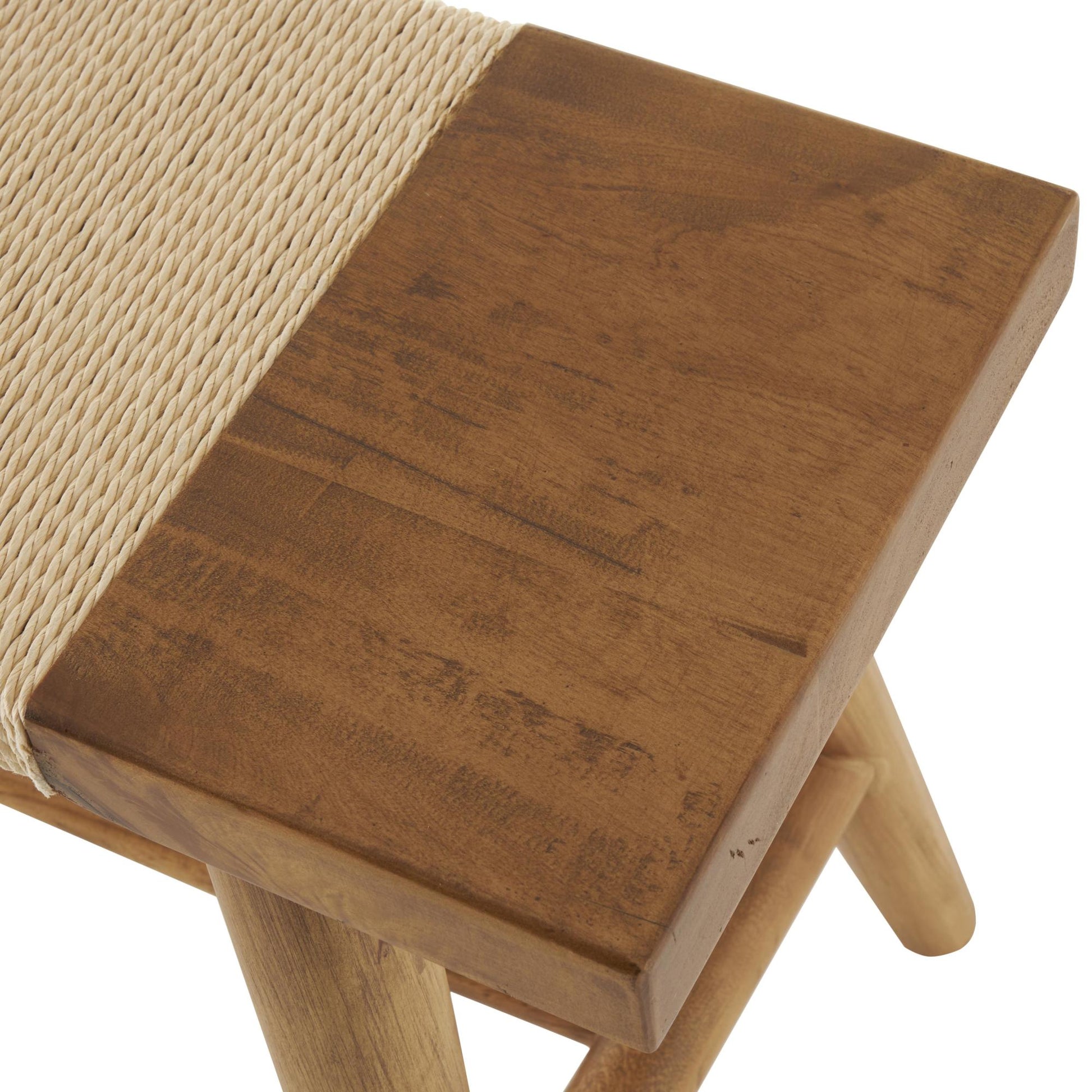 Brown Wood Handmade Slim Home Bench with Faux Rattan Wrapped Seat