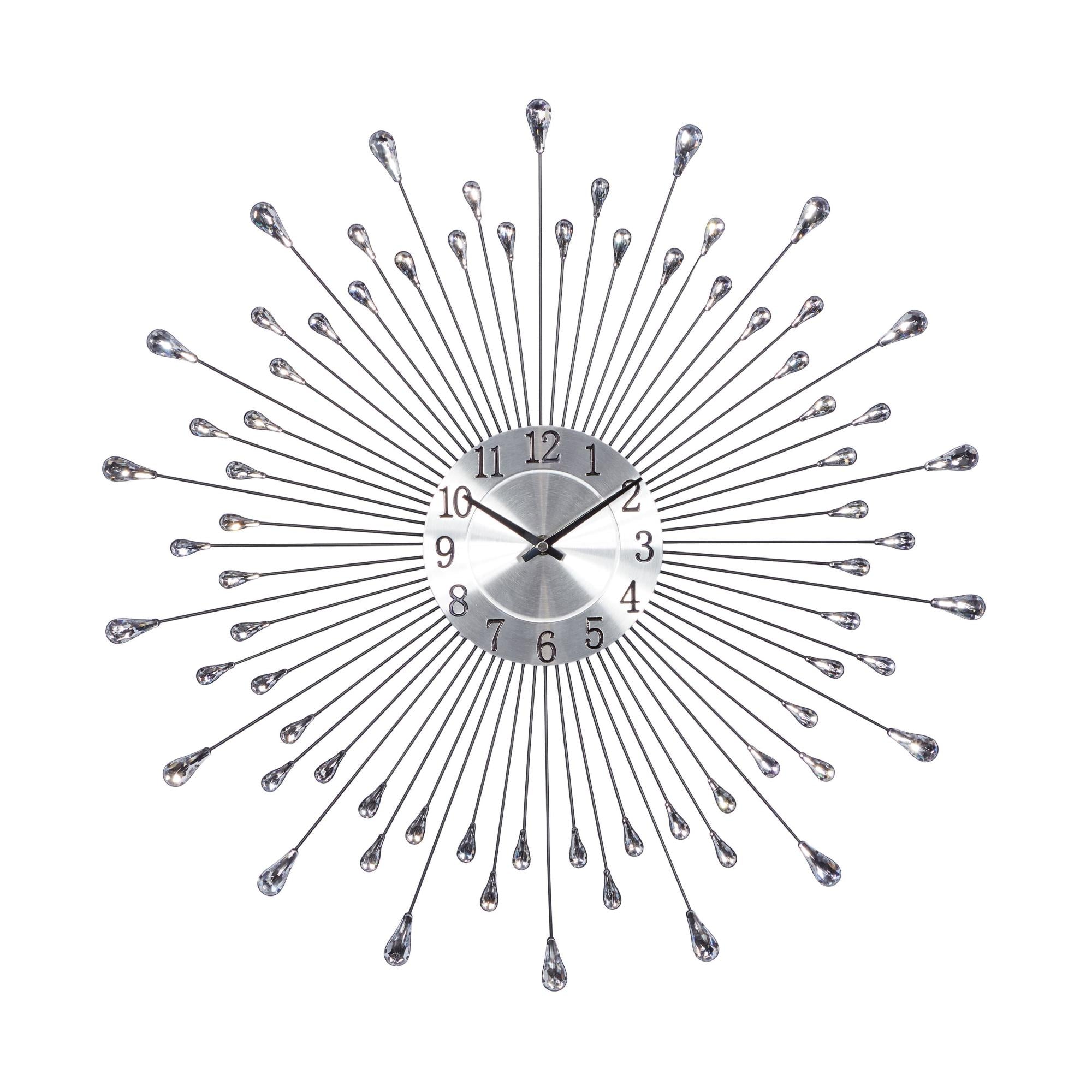 Starburst Silver Metal Decorative Wall Clock with Crystal Embellishment
