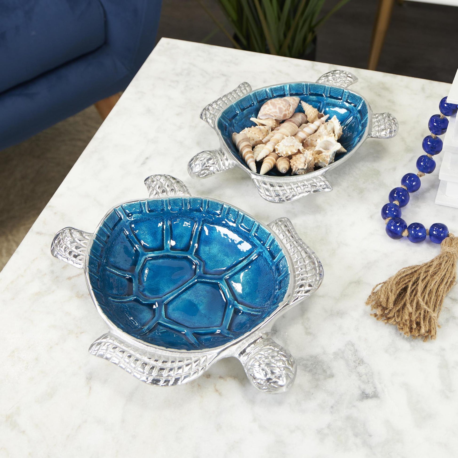 Set of 2 Turtle Aluminum Metal Handmade Enameled Large Decorative Bowl with Silver Metal Exterior