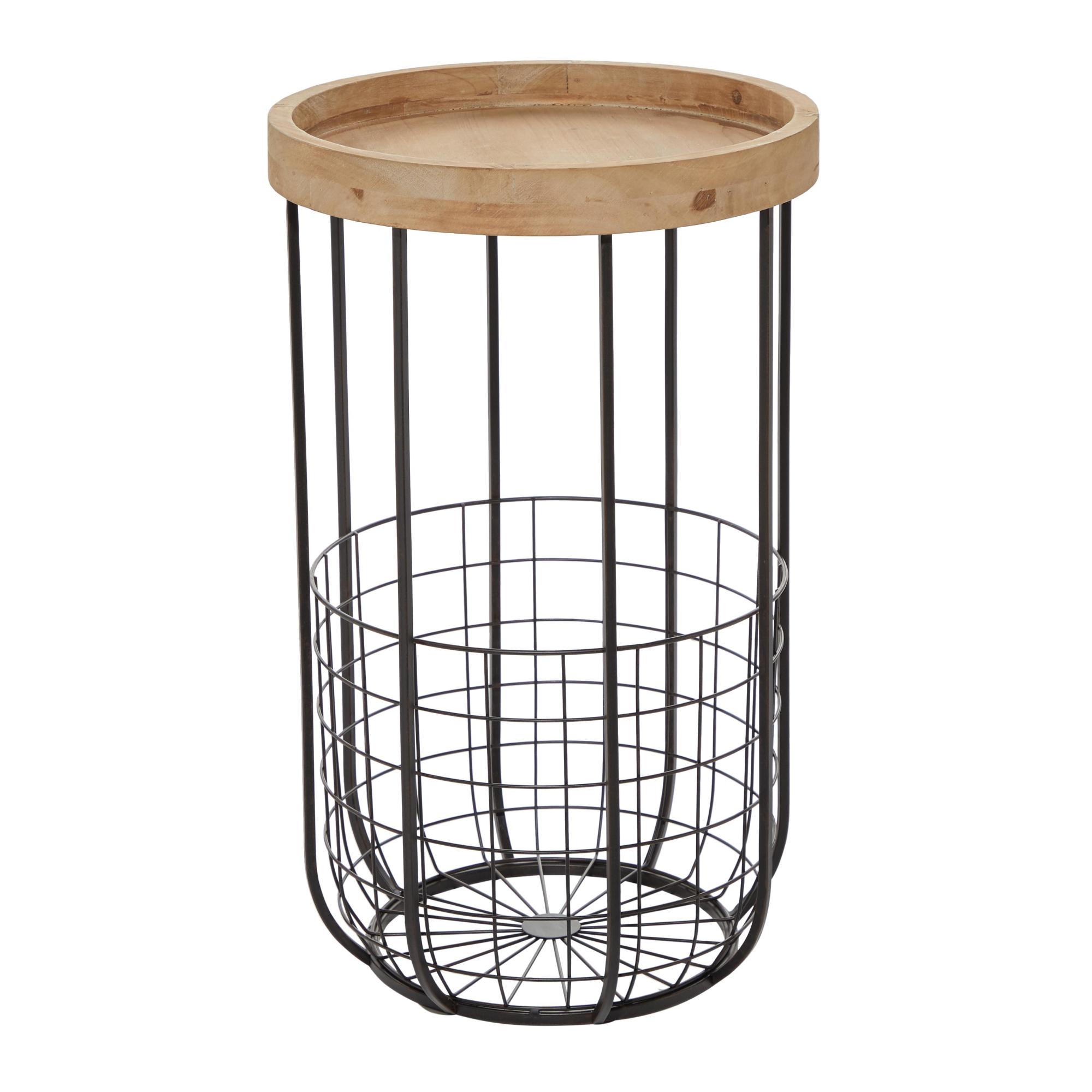 Black Metal Wire Basket Storage Side End Accent Table with Brown Wood Top