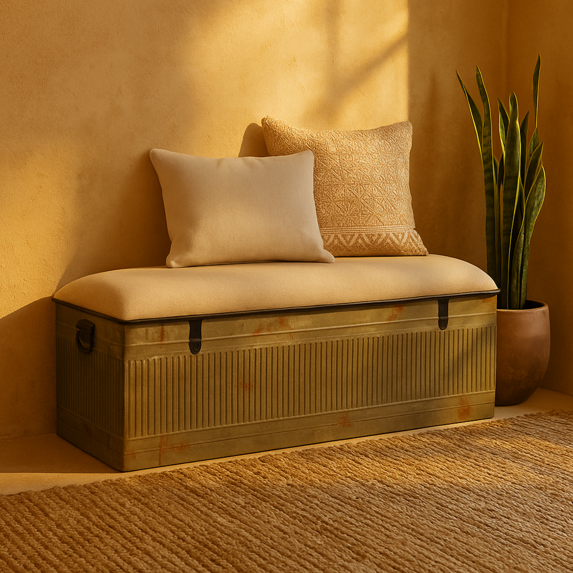 Gray Metal Galvanized Room Storage Bench with Cream Burlap Top and Black Latches