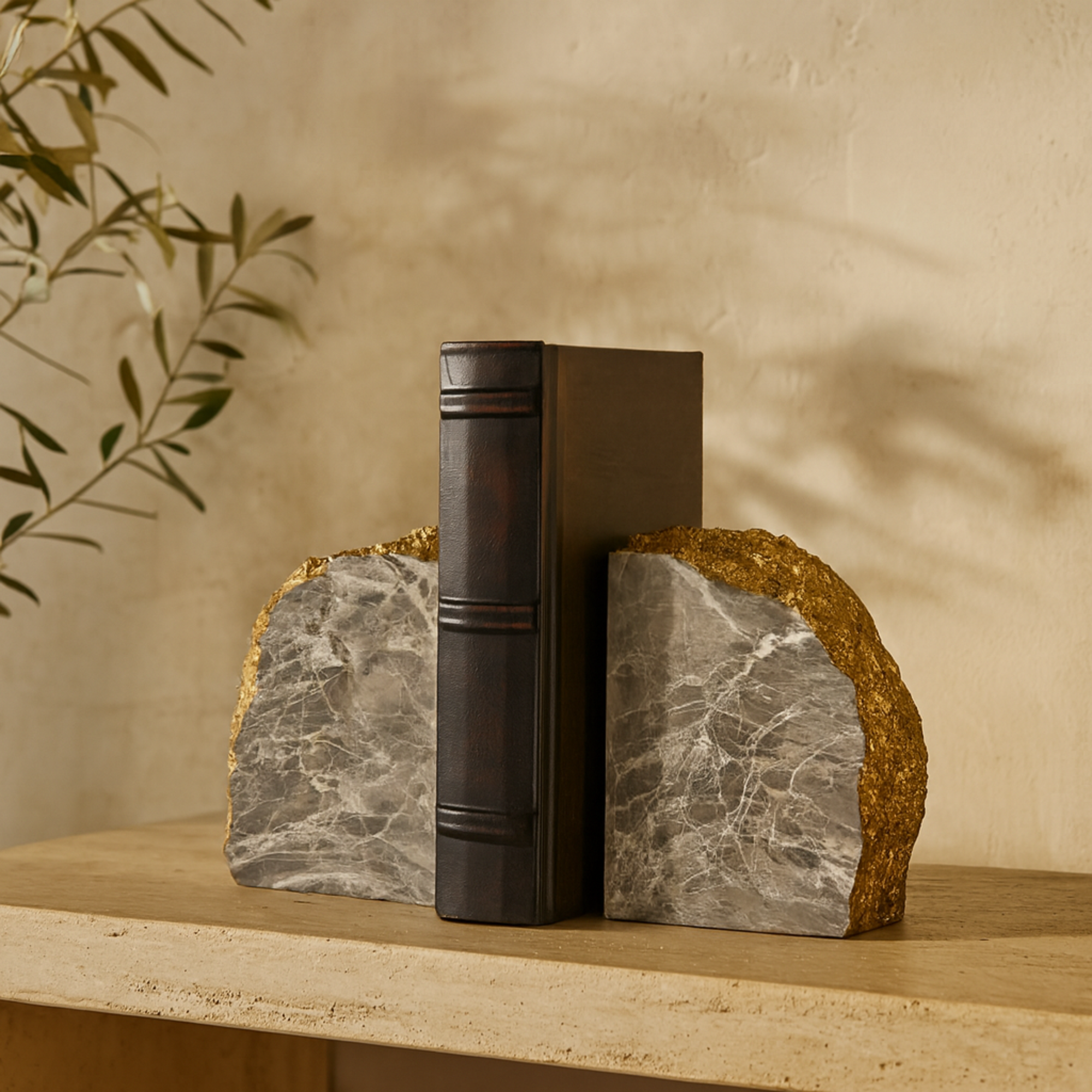 CosmoLiving by Cosmopolitan Set of 2 Geode Gray Polystone Decorative Bookends with Gold Detailing
