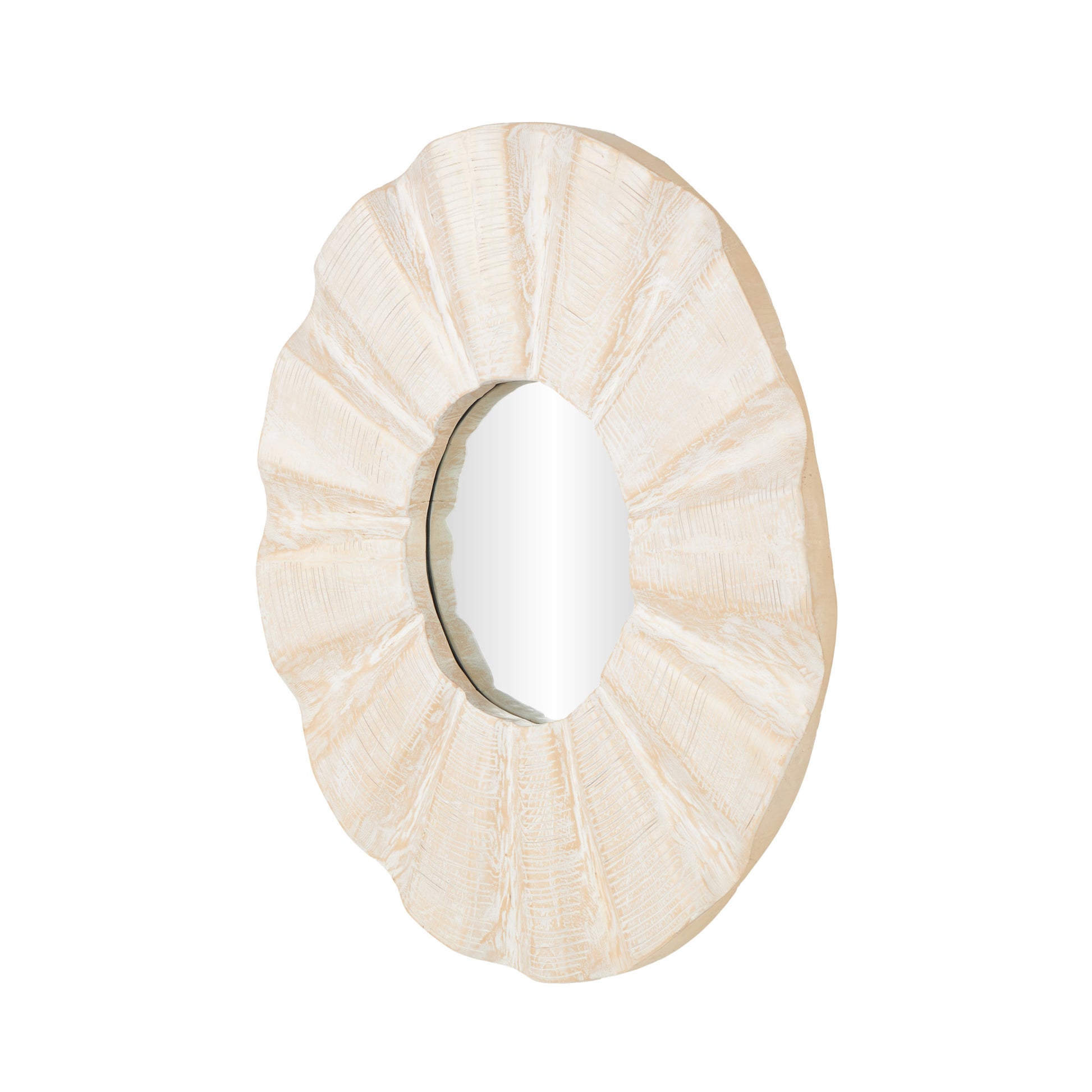 Abstract Cream Teak Wood Handmade Large Room Wall Mirror with Carved Abstract Patterns