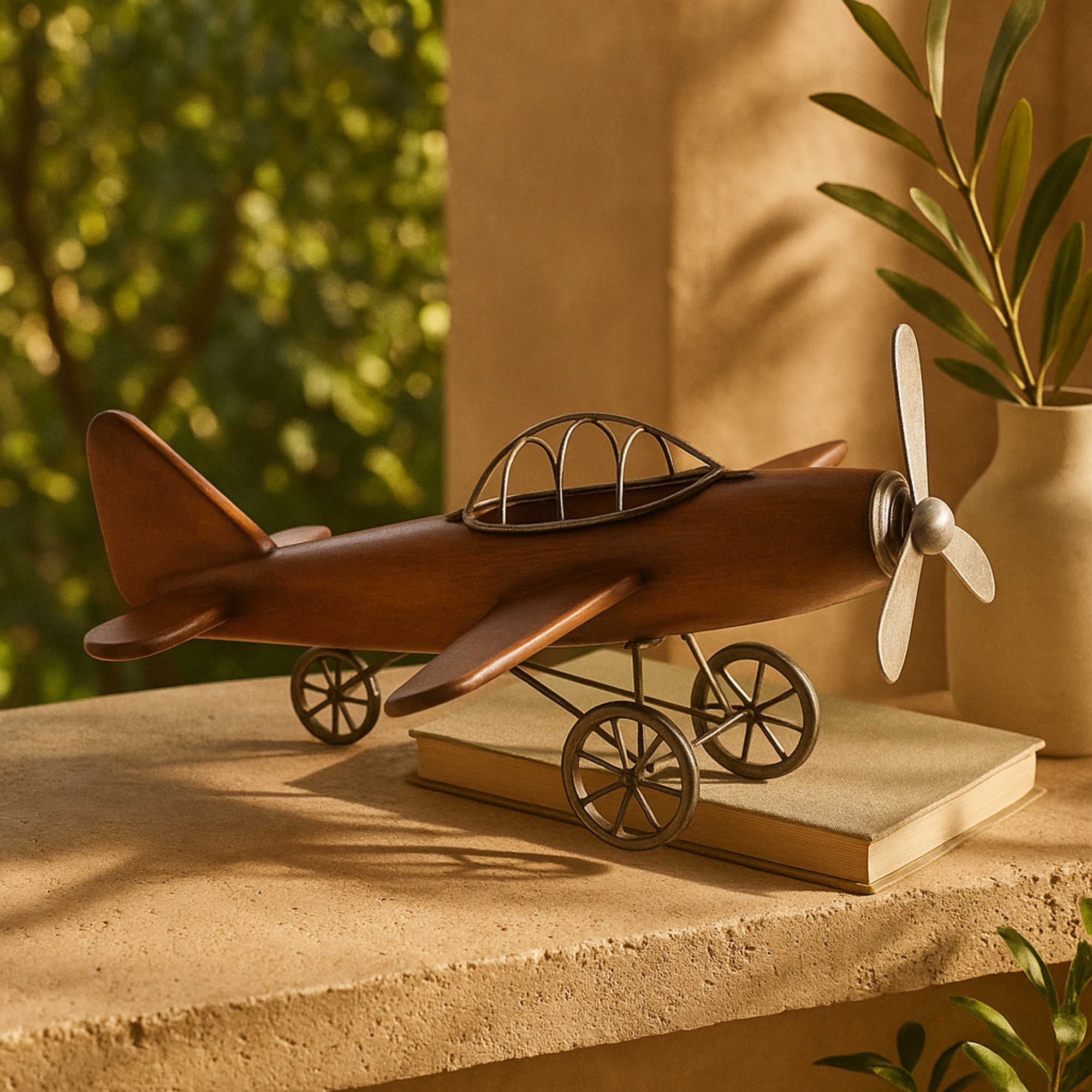 Airplane Brown Wood Decorative Sculpture with Gray Metal Accents