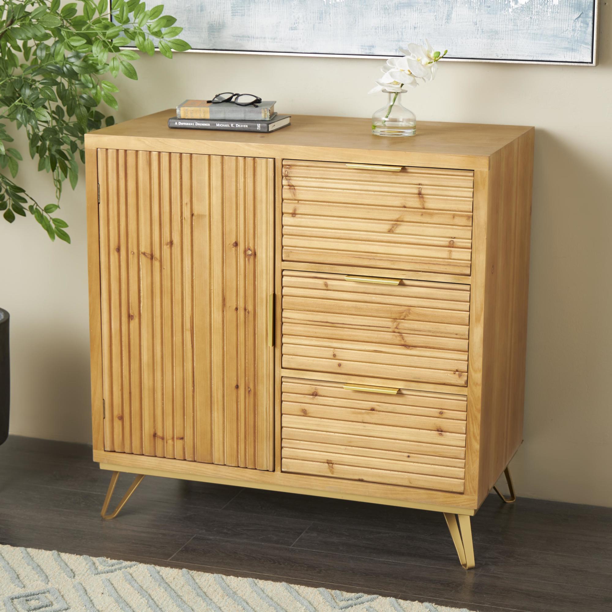 Brown Wooden Ribbed 1 Door and 3 Drawer Room Cabinet with Gold Metal Handles