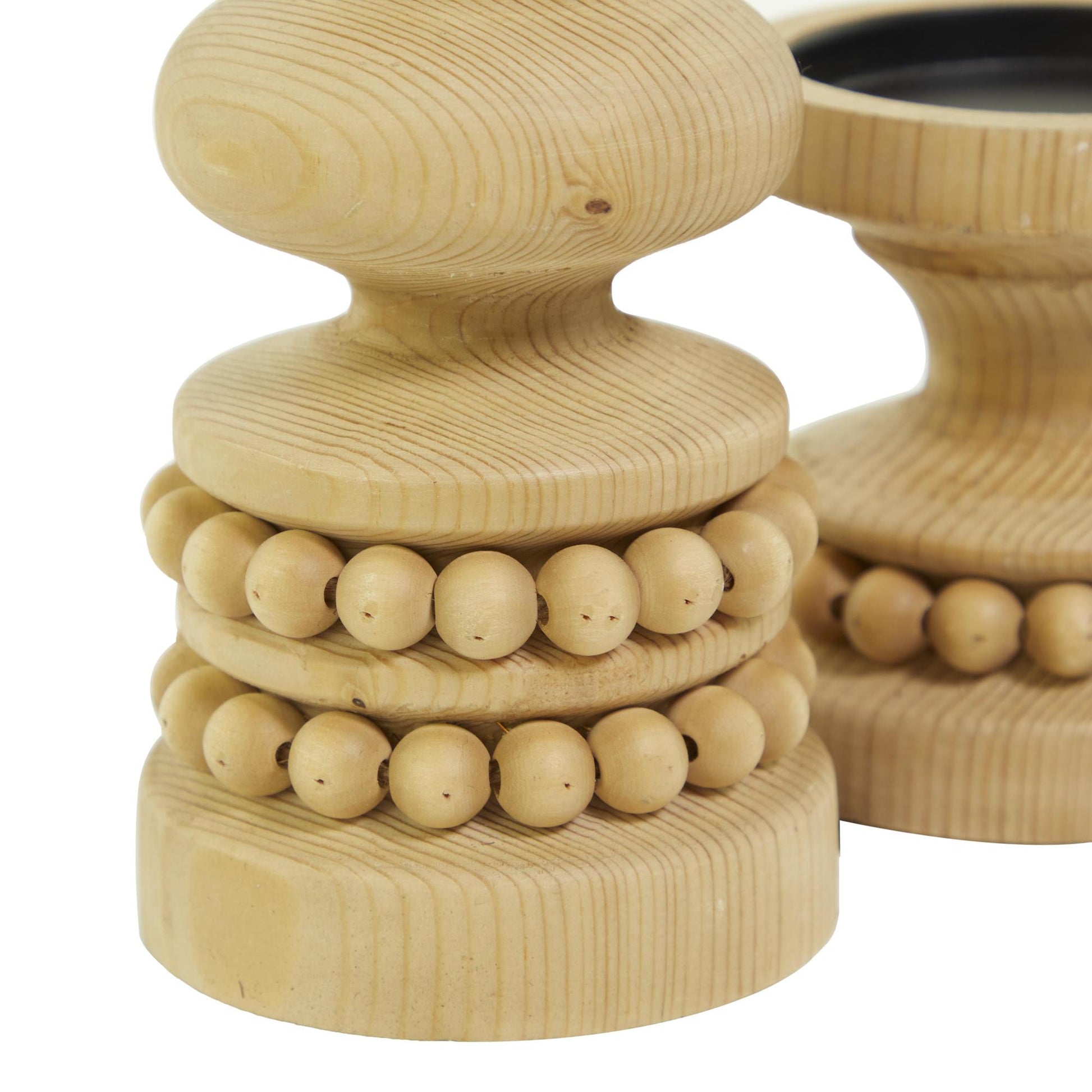 Set of 2 Wood Beaded Pillar Decorative Candle Holder