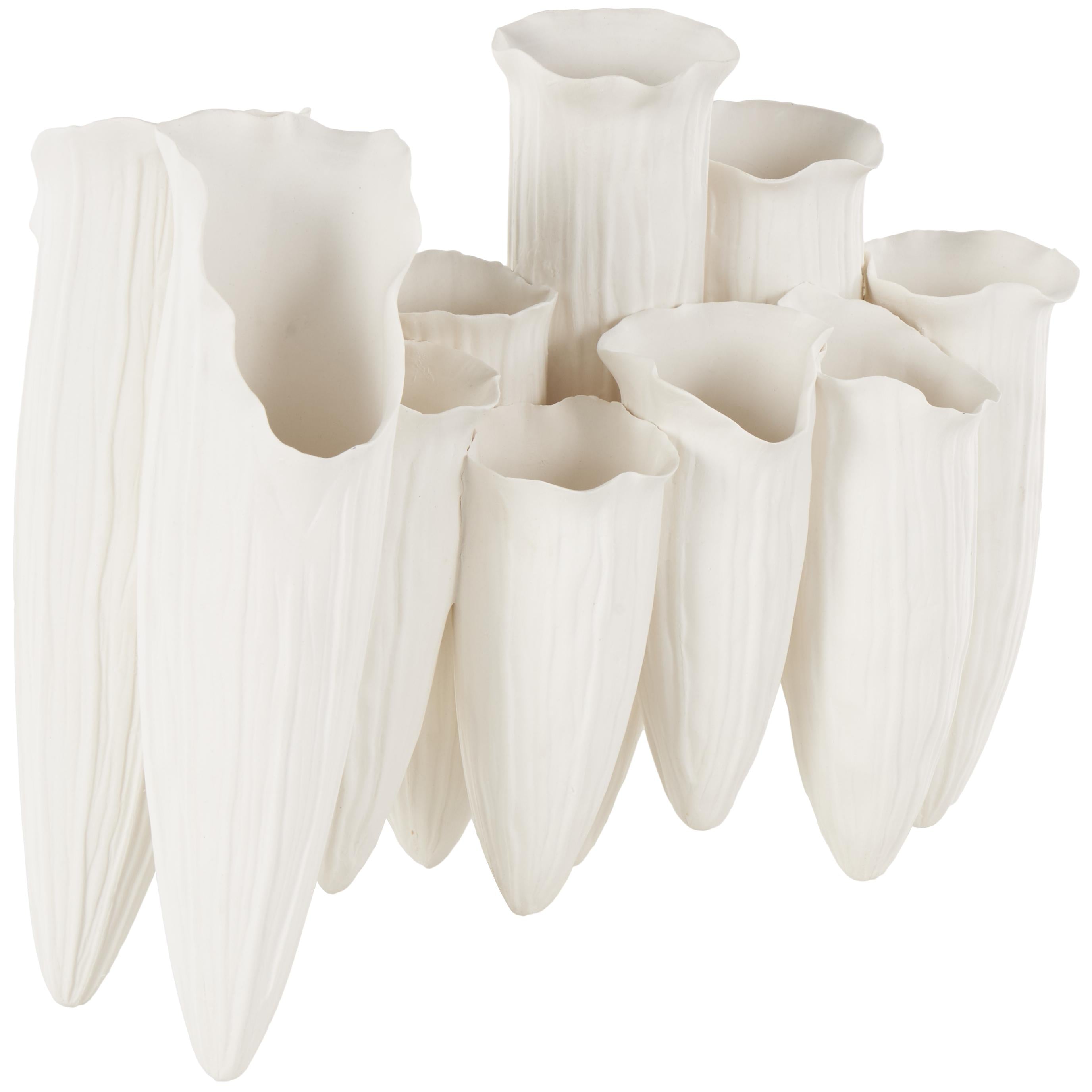 Abstract Ceramic Floral Inspired Decorative Vase with Linear Grooves and 10 Openings
