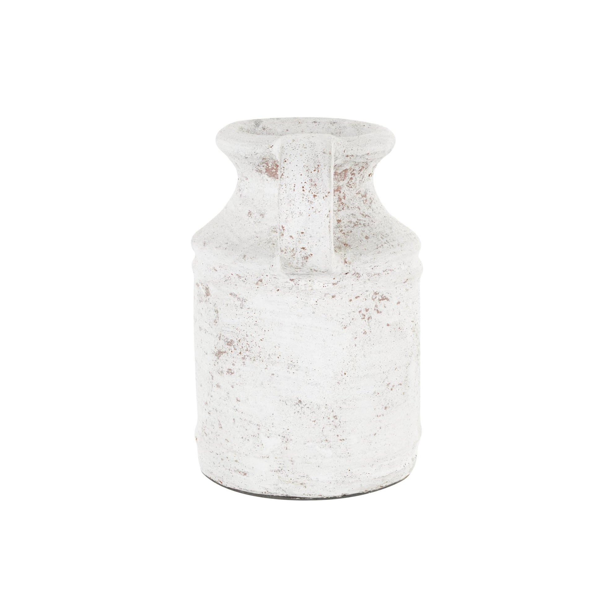 White Ceramic Antique Style Textured Decorative Vase with Terracotta Accents and Ring Handle