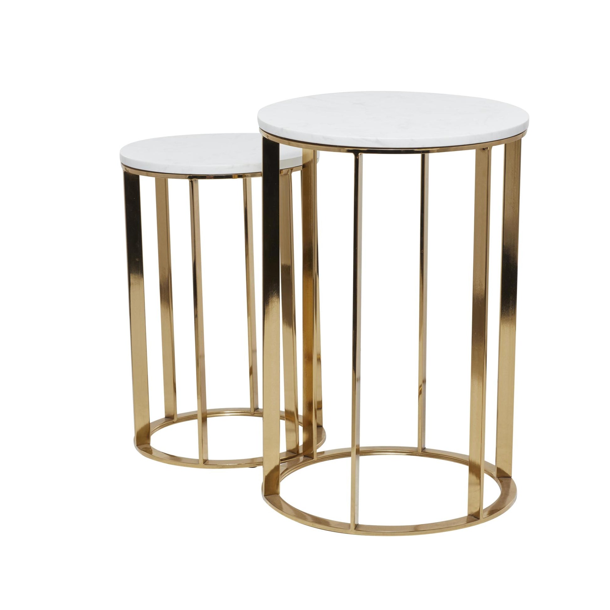Set of 2 Gold Metal Side End Accent Table with Marble Top