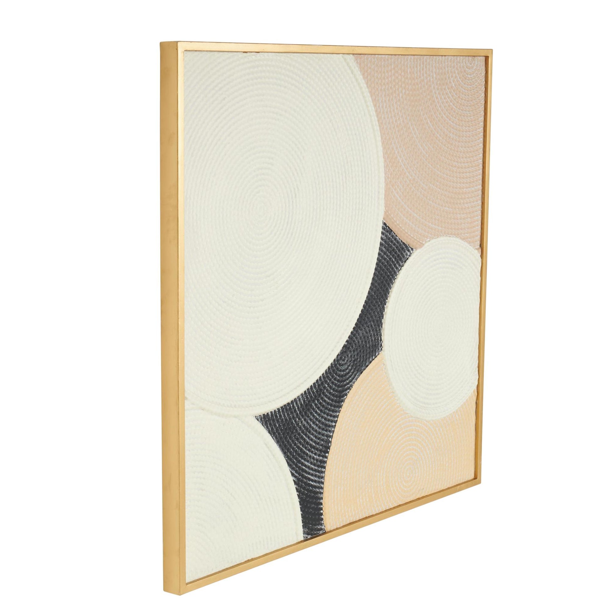 Geometric Cream Metal Textured Living Room Framed Wall Art with Overlapping Circles and Gold Frame