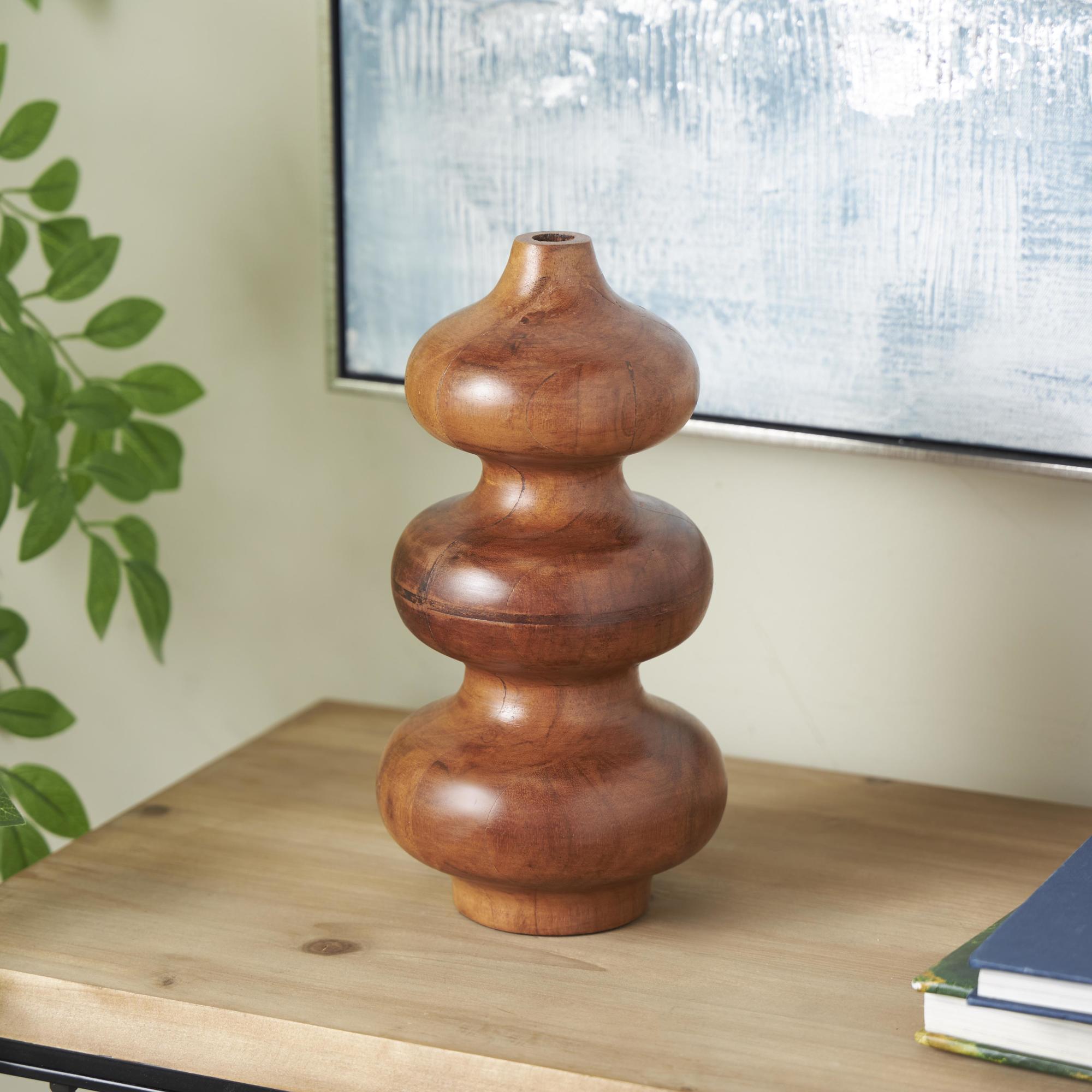 Geometric Brown Wood Bubble Decorative Vase with Natural Wood Grains