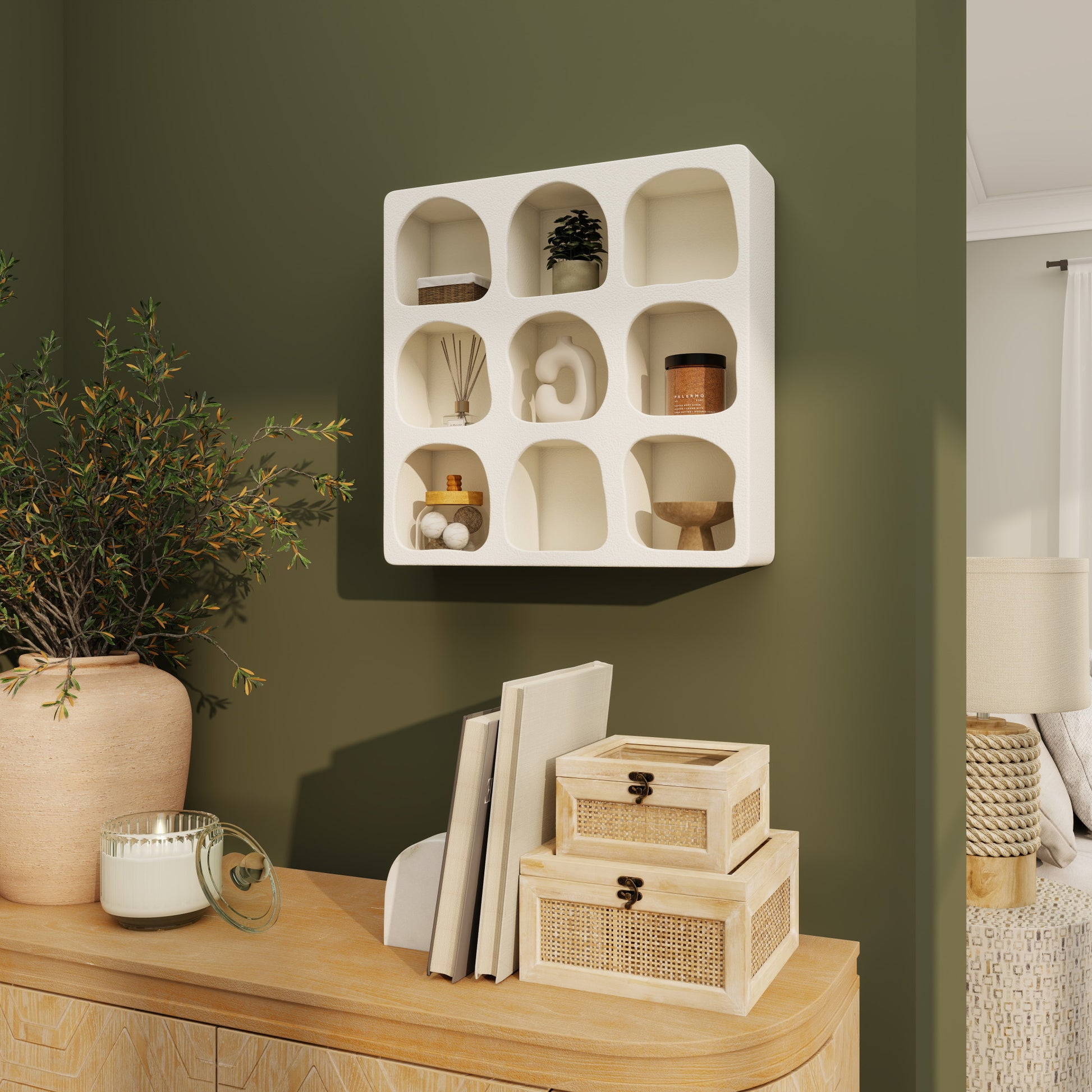 Geometric Wooden 9 Cubby Room Wall Shelf with Abstract Block Shapes