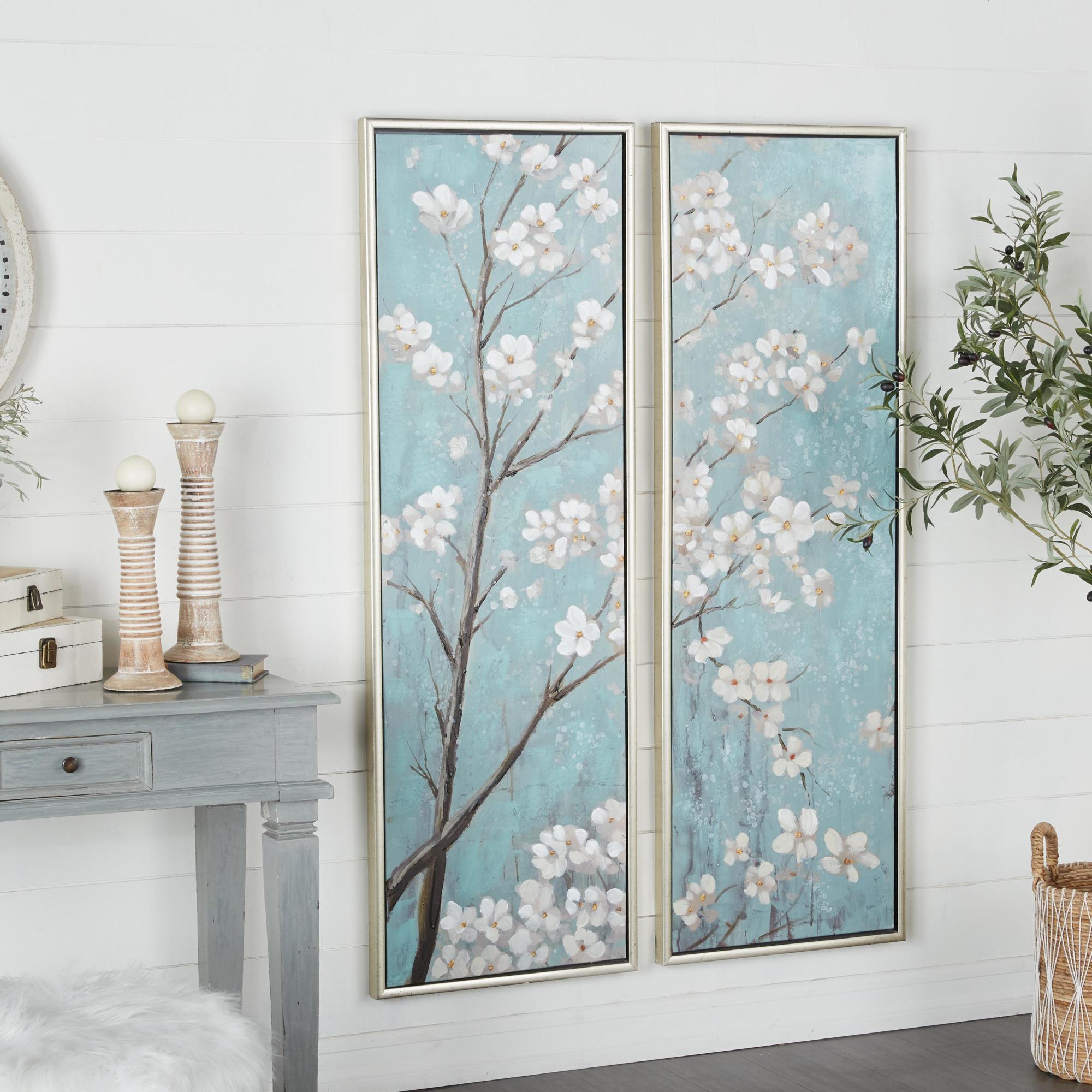 Set of 2 Floral Teal Canvas Cherry Blossom Living Room Framed Wall Art with Silver Frame