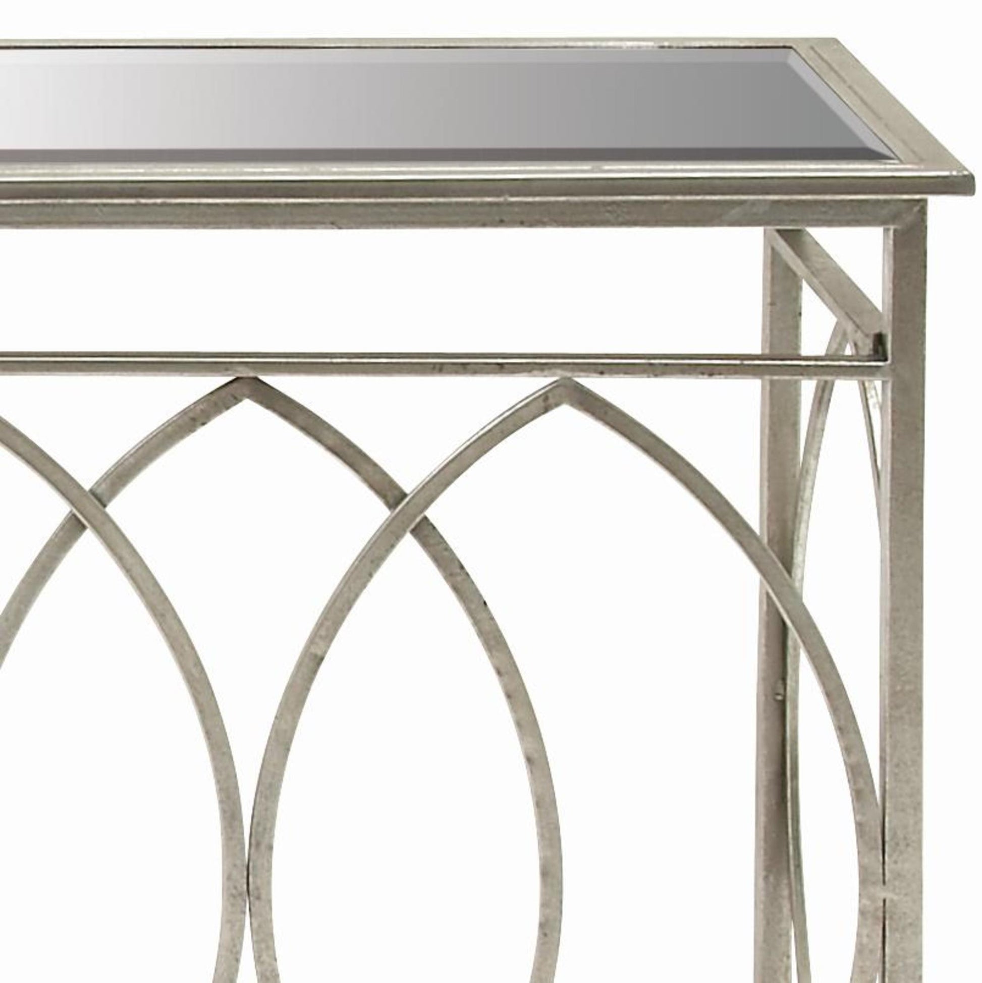 Geometric Silver Metal Rectangular Living Room Console Table with Mirrored Glass Top