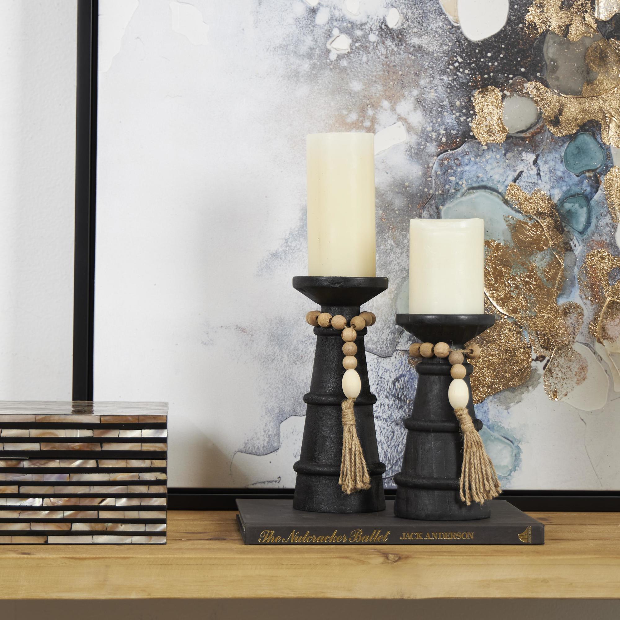 Set of 2 Black Wood Handmade Textured Matte Decorative Candle Holder with Beaded Garland Accent