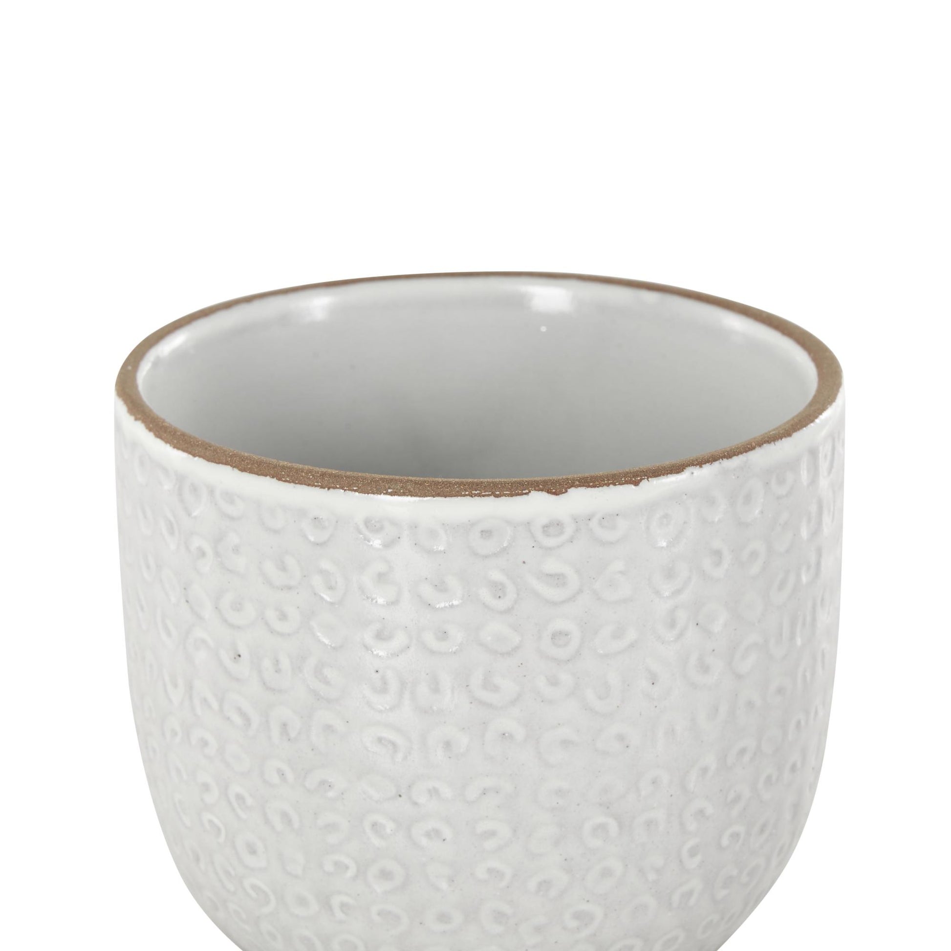 Set of 3 White Ceramic Abstract Circle Patterned Indoor Outdoor Planter with Brown Accents and Base Tray