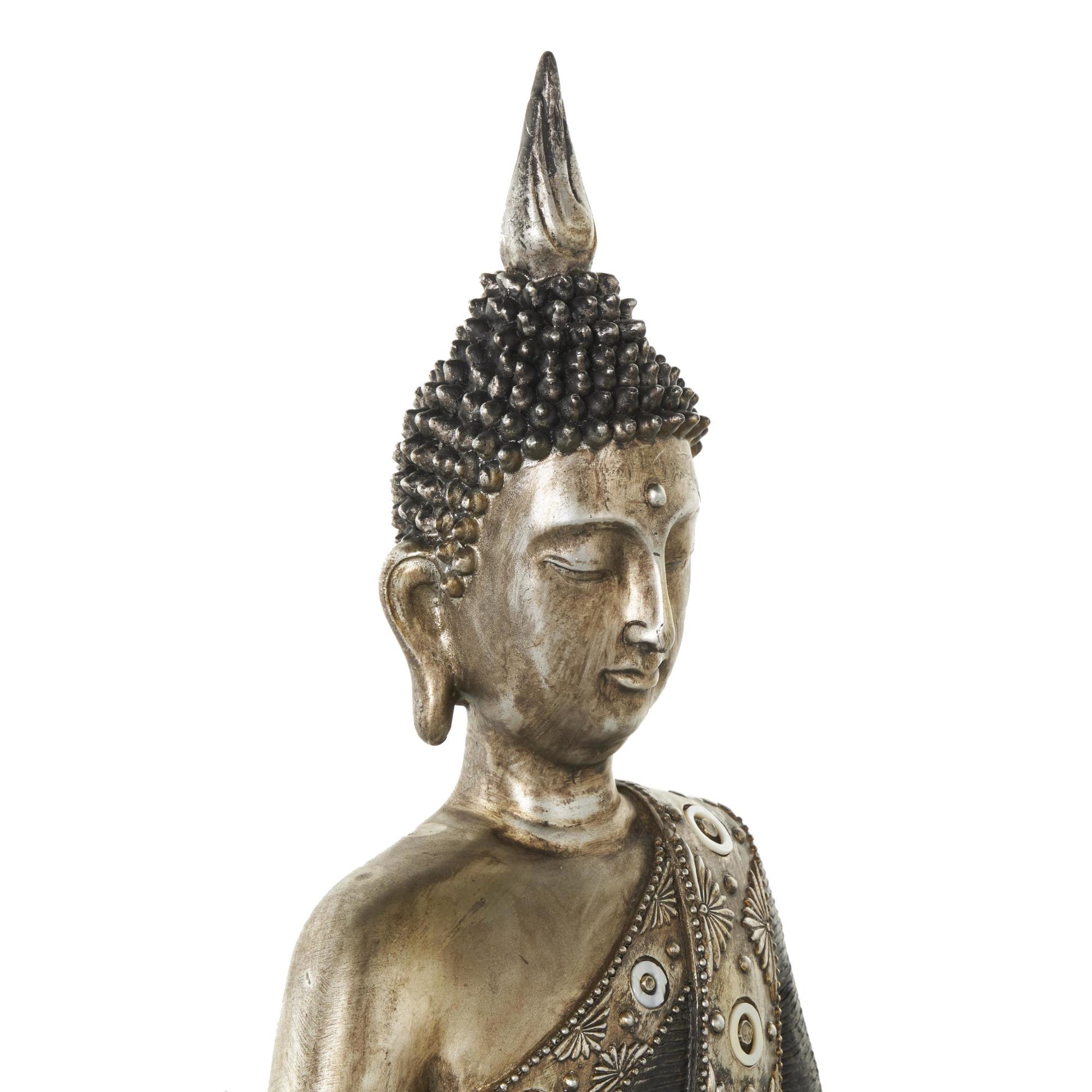Buddha Brass Polystone Meditating Decorative Sculpture with Engraved Carvings and Relief Detailing