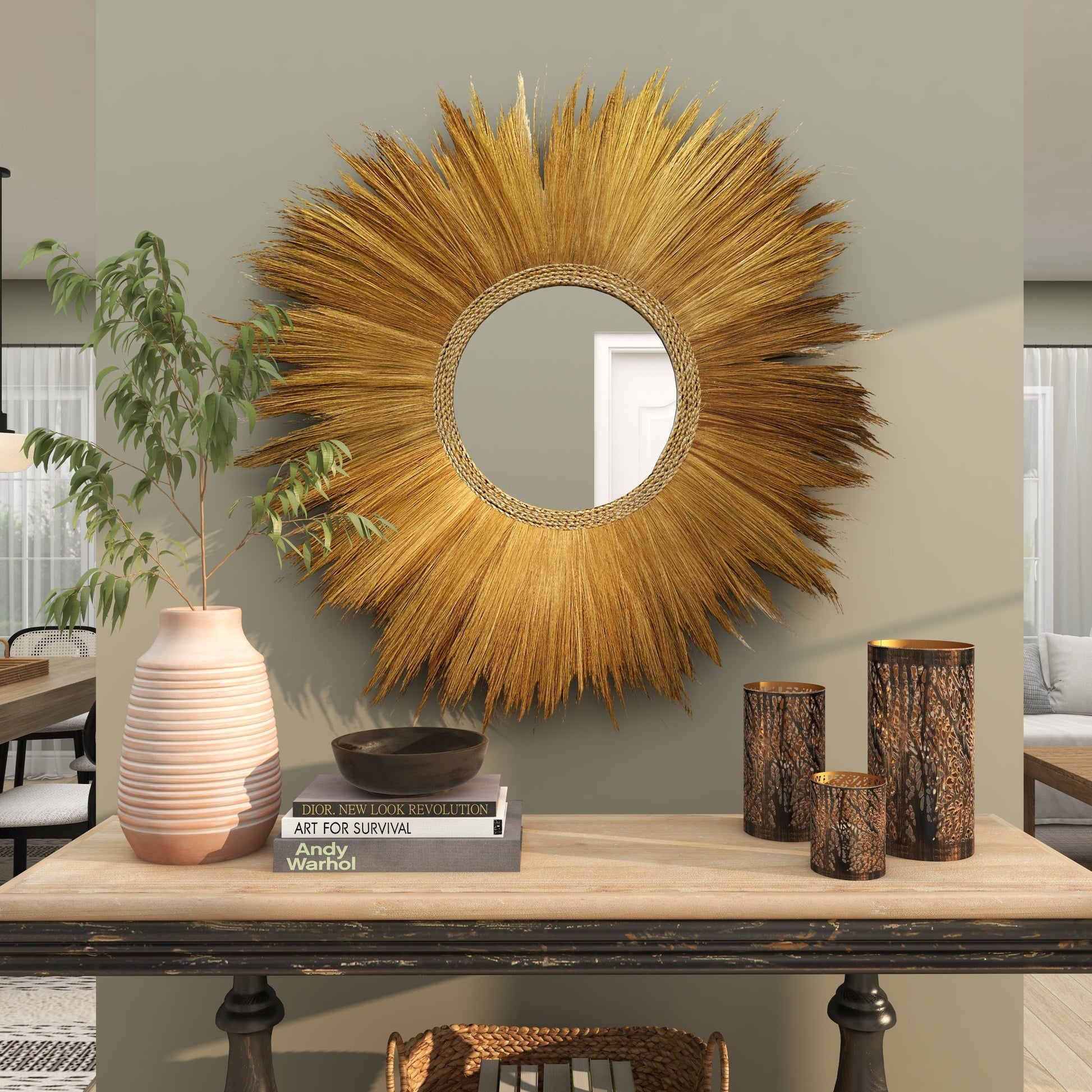 Brown Dried Plant Tribal Inspired Sunburst Grass Room Wall Mirror with Coiled Rope Center