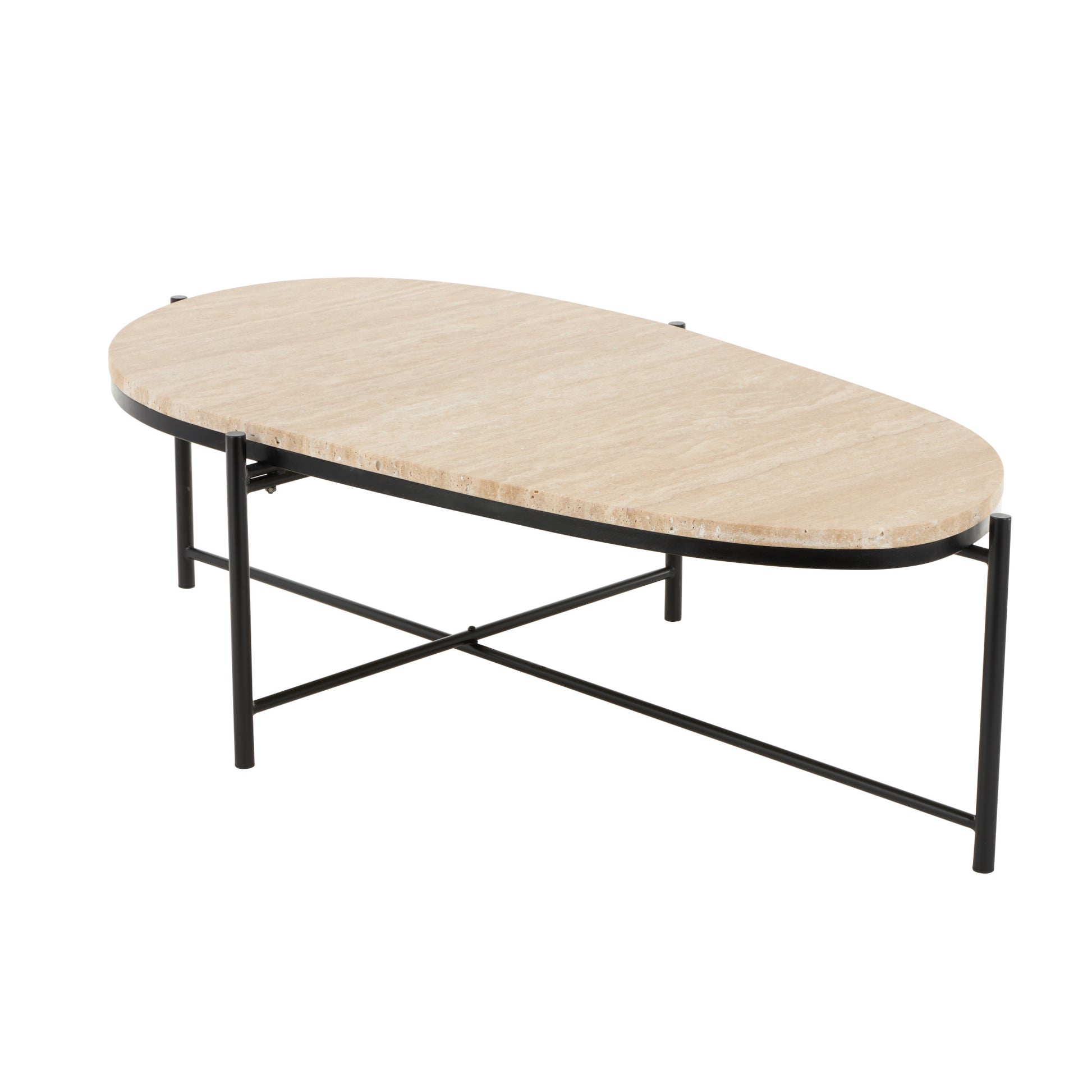 Beige Marble Oval Living Room Coffee Table with Black Metal Support