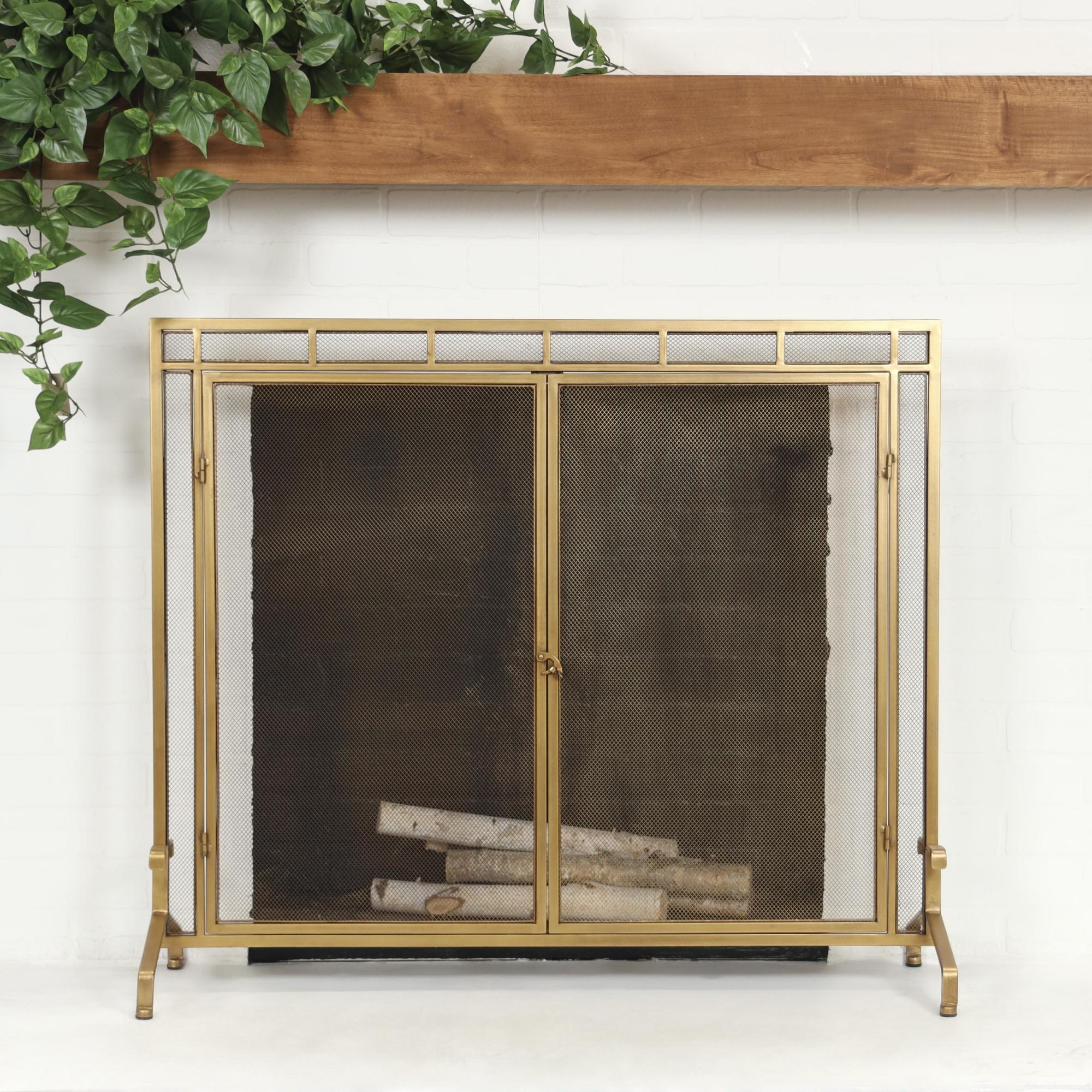 Gold Metal Geometric Single Panel Living Room Fireplace Screen with Latched Doors and Arched Feet