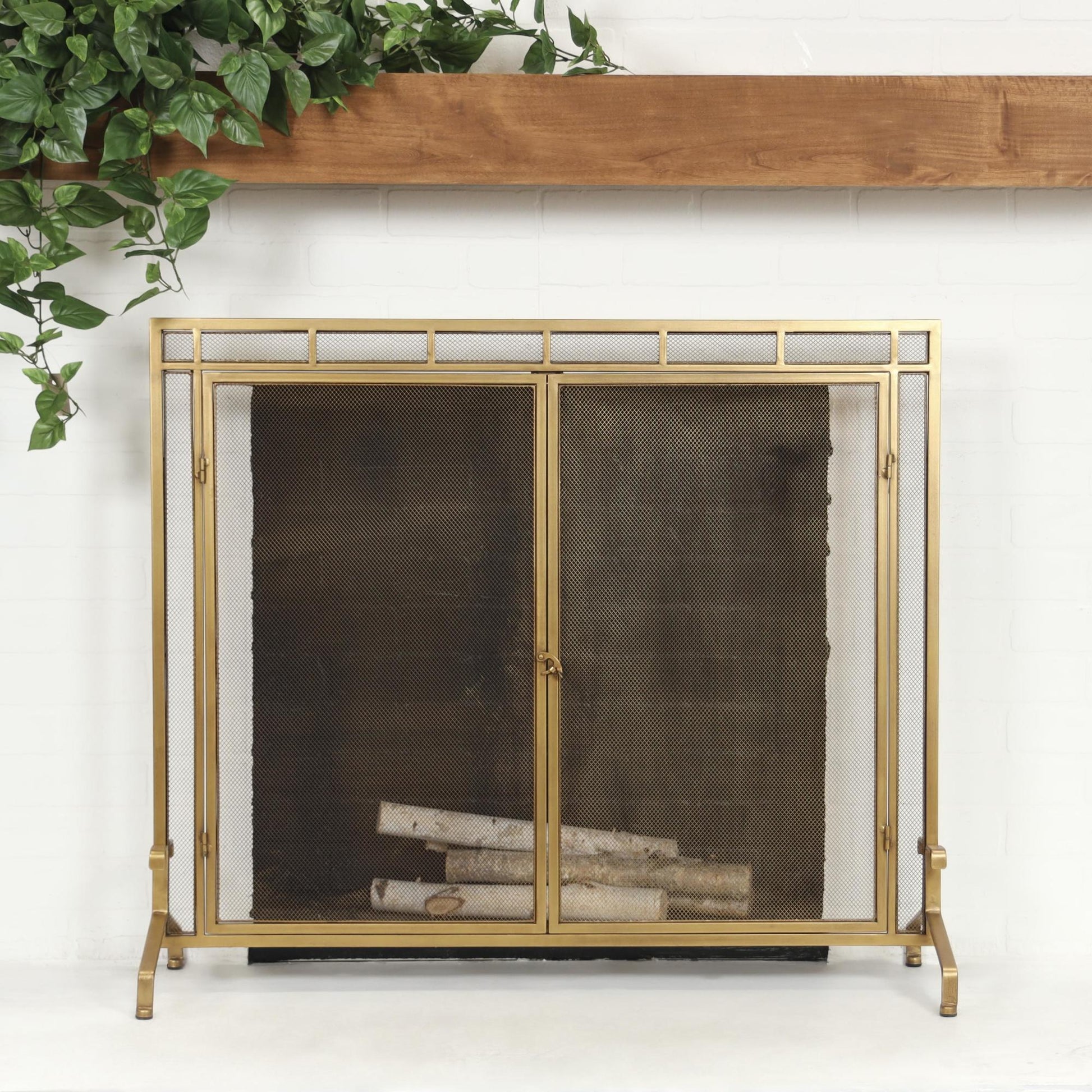 Gold Metal Geometric Single Panel Living Room Fireplace Screen with Latched Doors and Arched Feet