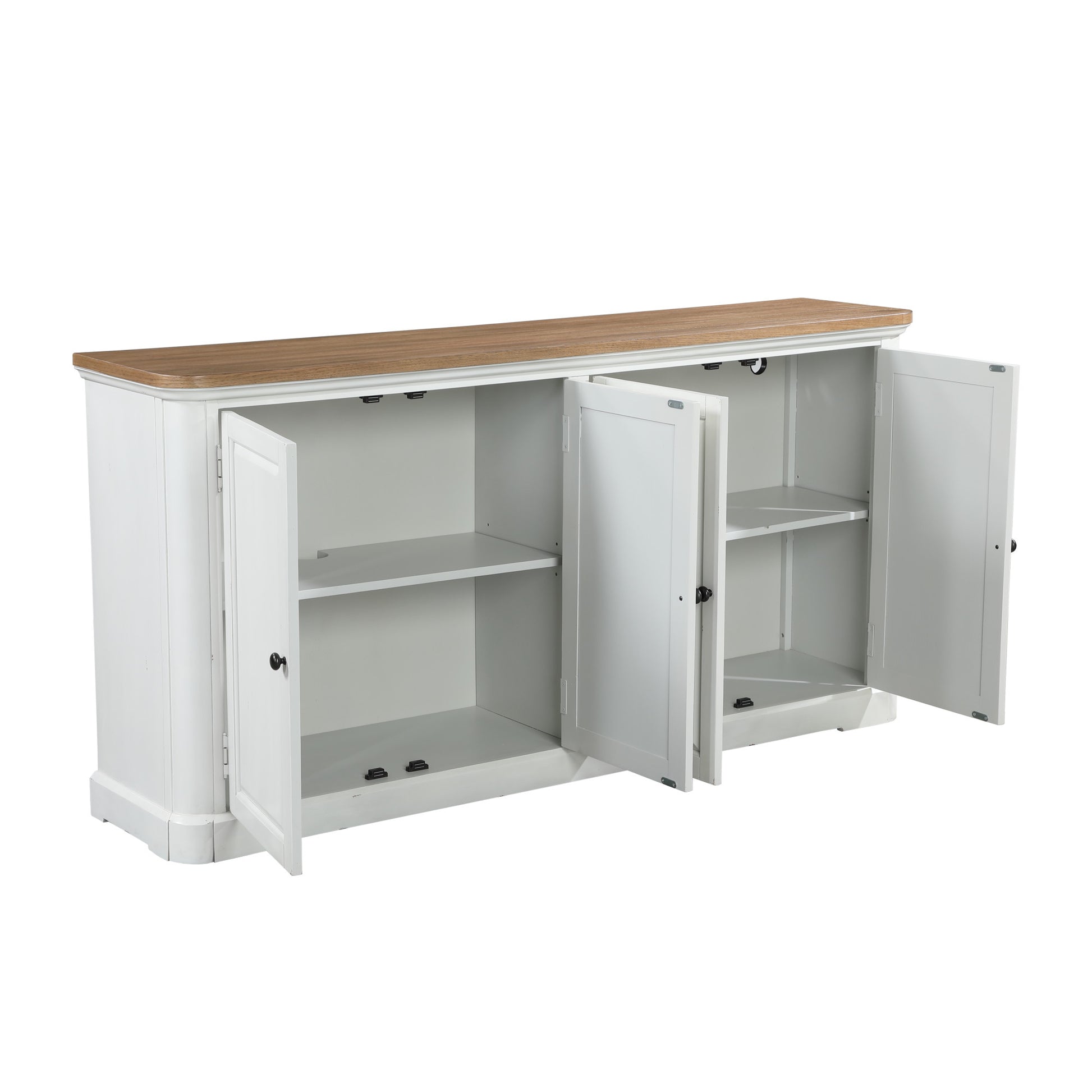 White Wood 4 Door Media Credenza Sideboard with Brown Wood Top and Black Round Knobs