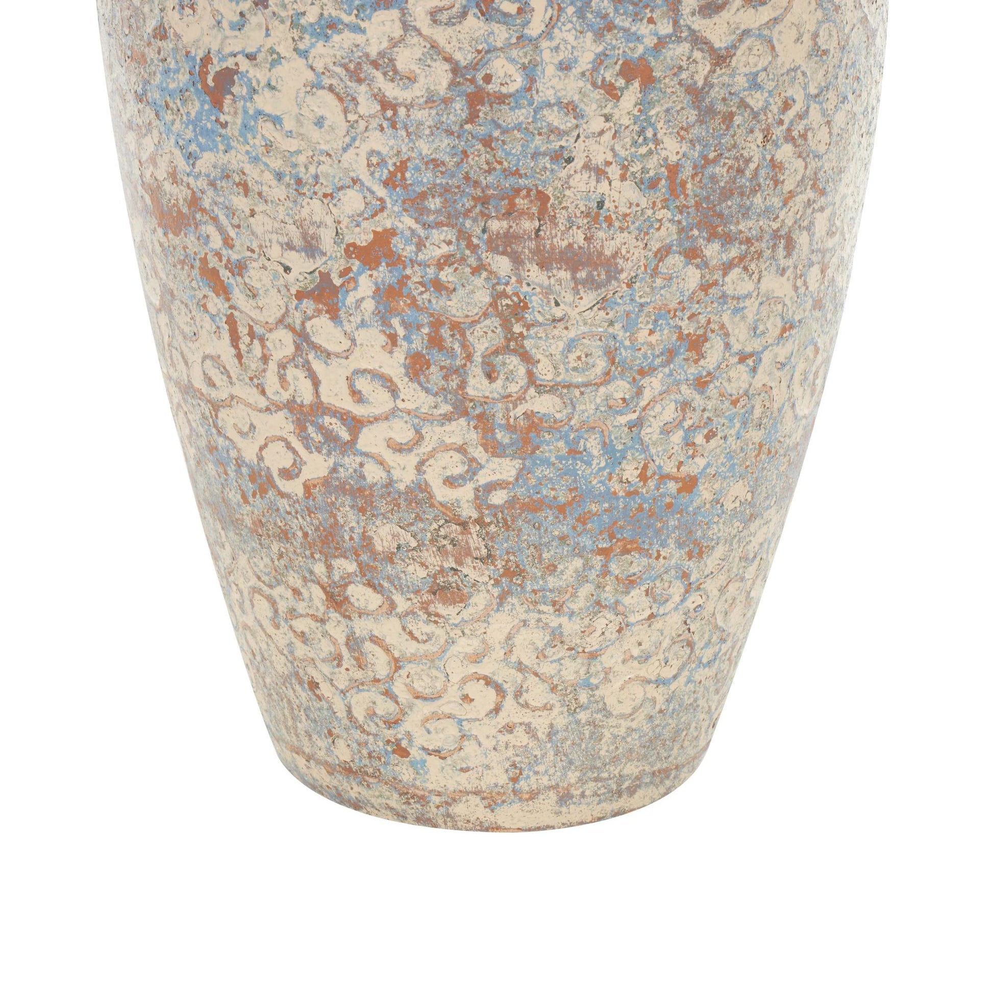 Scroll Beige Ceramic Handmade Antique Style Decorative Vase with Blue and Copper Accents