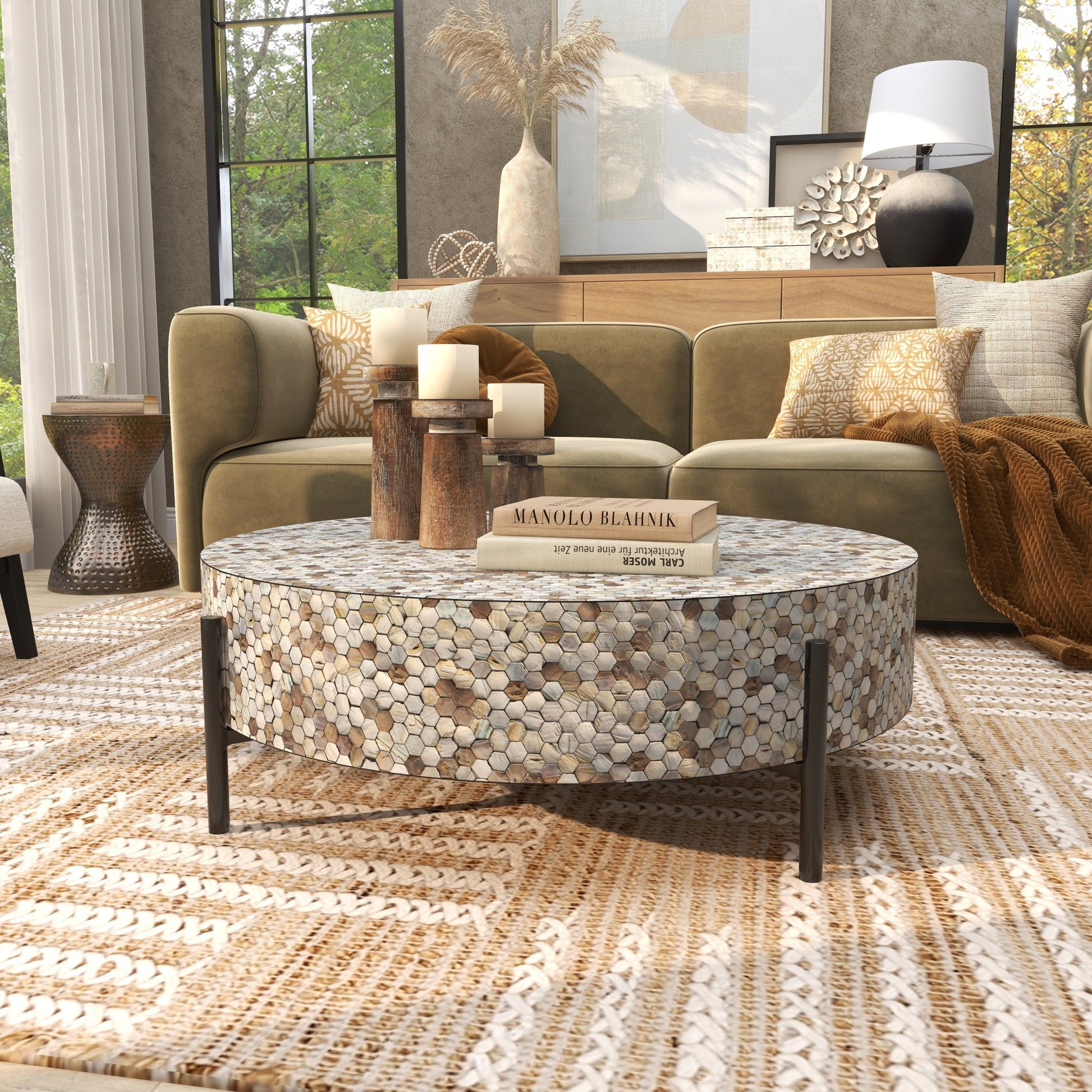 Geometric Mother of Pearl Shell Handmade Mosaic Inlay Living Room Coffee Table with Black Metal Legs 38" x 38" x 12"