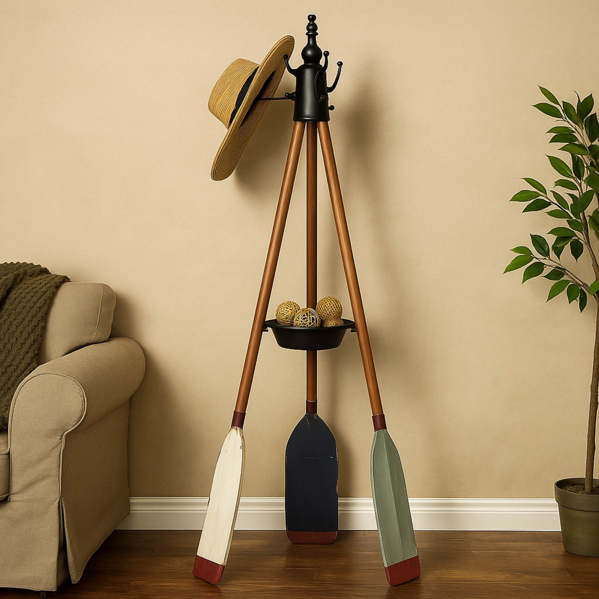 Paddle Blue Metal Oar 3 Hook Freestanding Coat Rack with Wooden Poles and Storage Tray