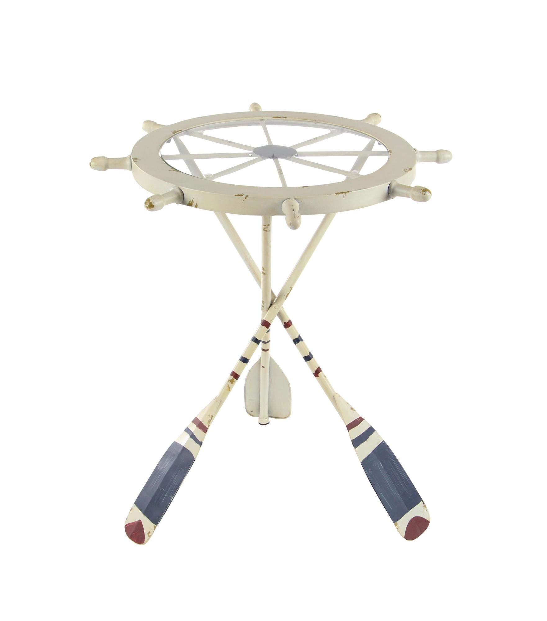 Ship Wheel White Metal Top Side End Accent Table with Oar Shaped Legs