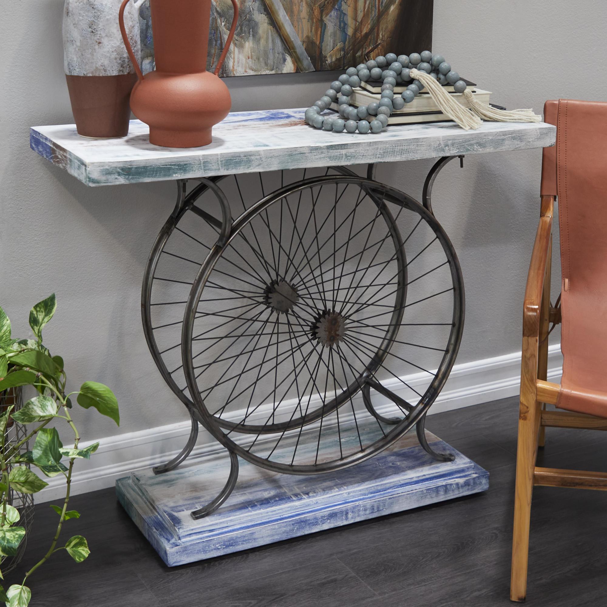 Bike Wood Wide Slatted Top Living Room Console Table with Dual Wheel Frame and Tiered Base