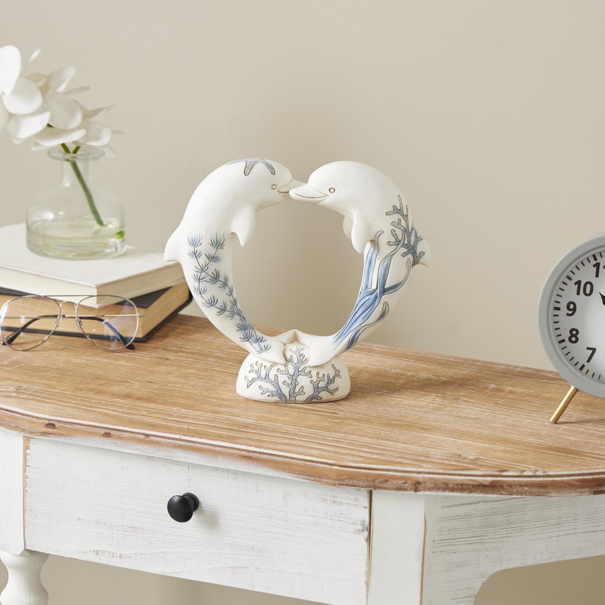 Dolphin White Polystone Heart Shaped Decorative Sculpture with Blue Coral Patterns
