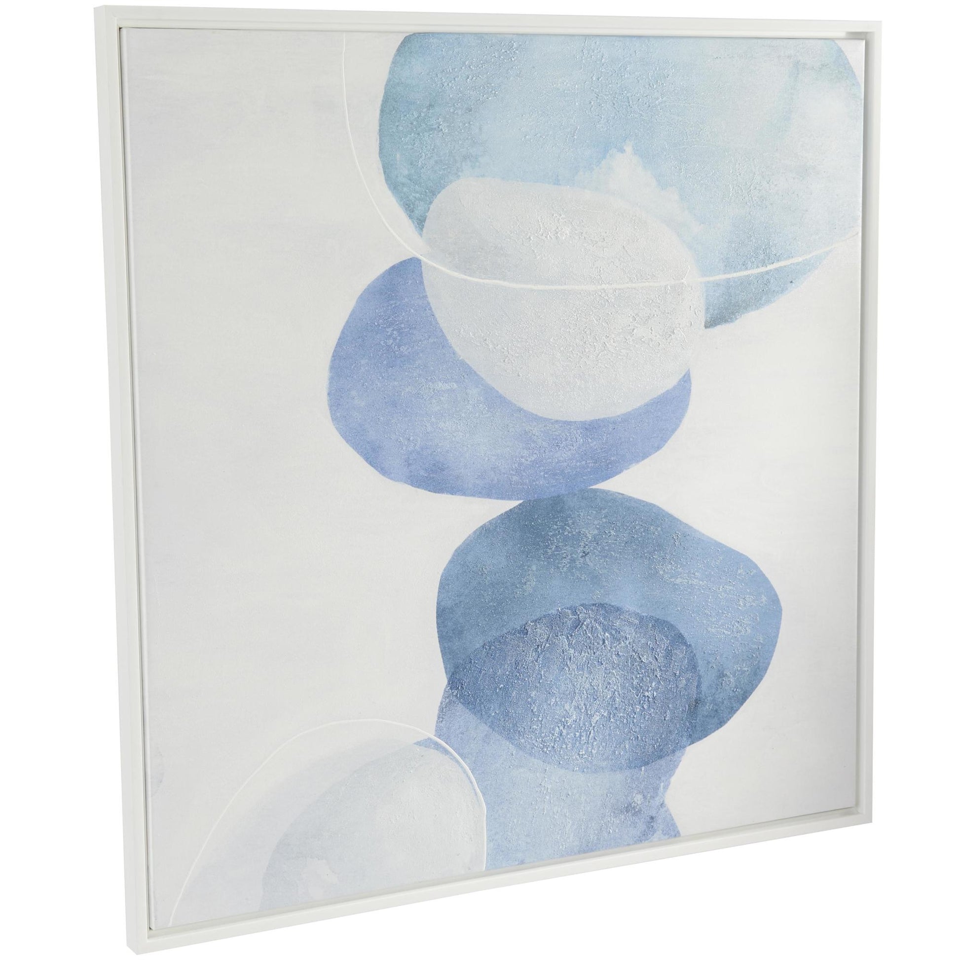 Abstract Blue Canvas Textured Overlapping Circle Living Room Framed Wall Art with White Accents
