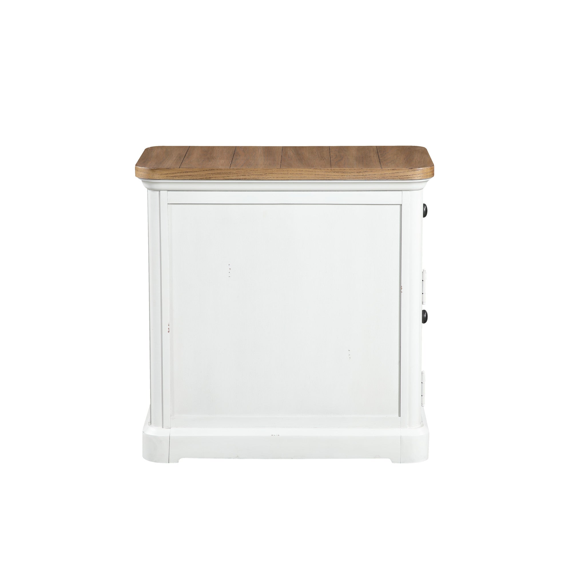 White Wood 1 Door and 1 Drawer Side Accent Table with Brown Wood Tabletop and Black Round Knobs