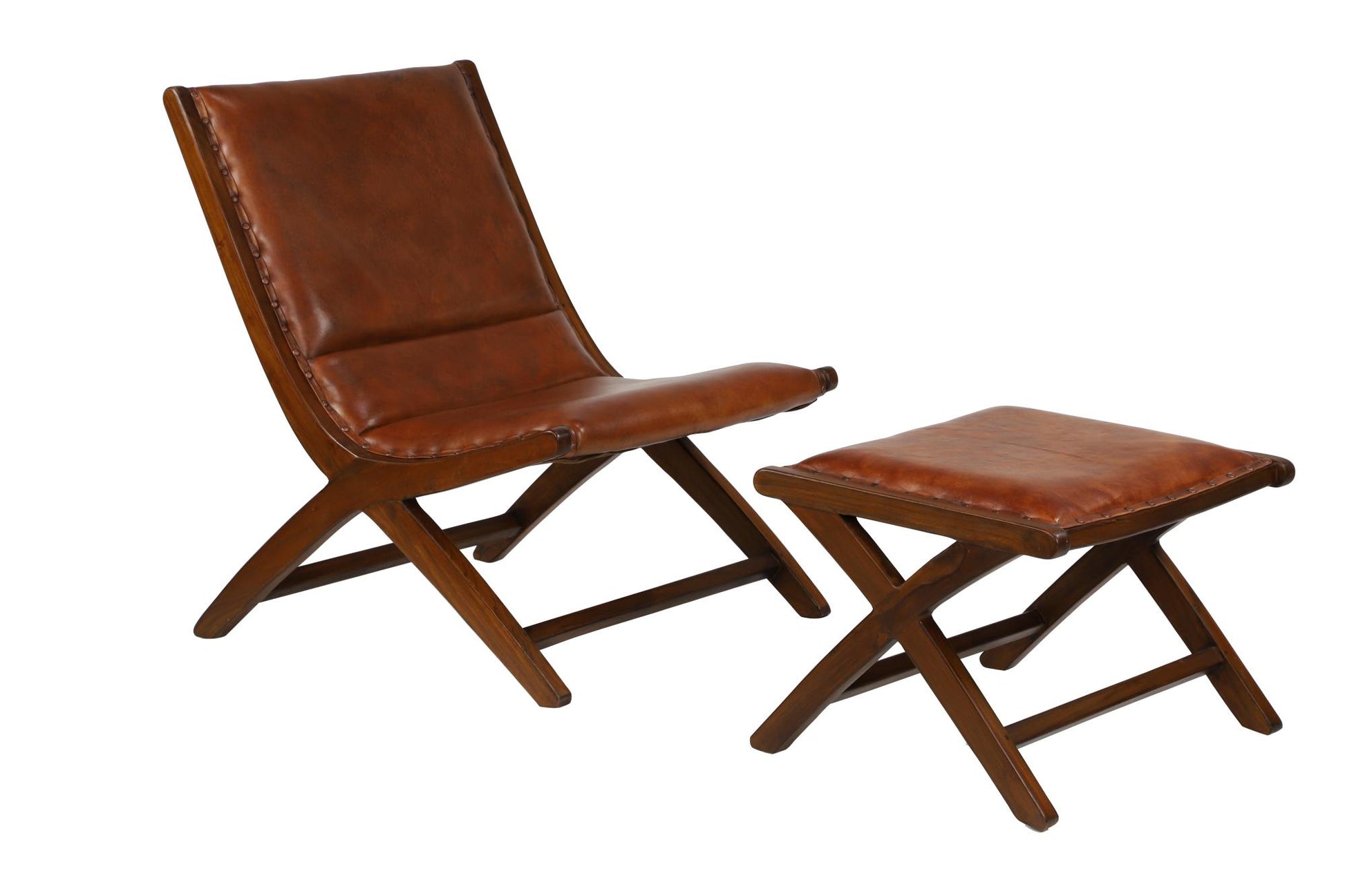 Teak Wood Handmade Upholstered Leather Accent Chair with Ottoman