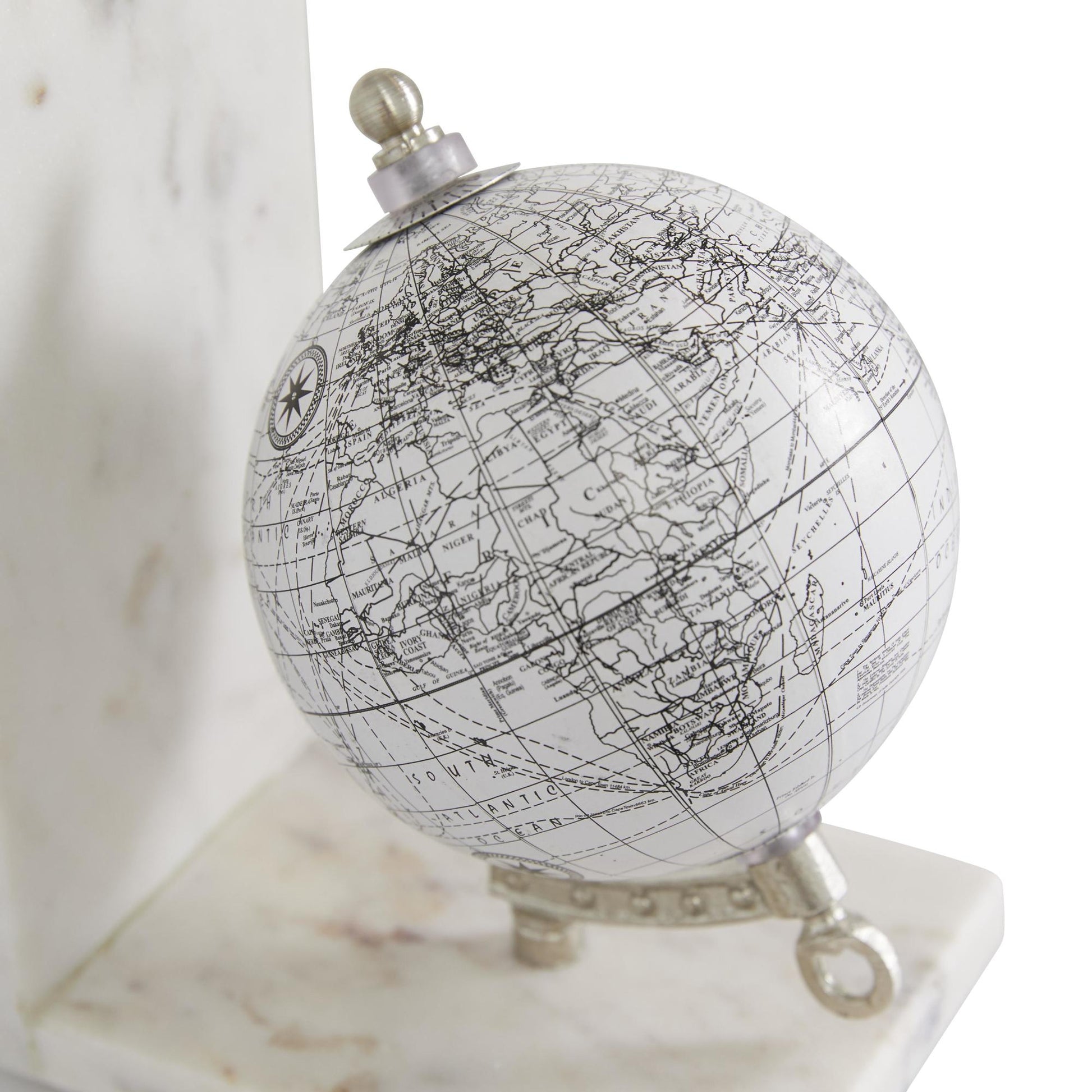 Set of 2 Globe White Marble Decorative Bookends with Silver Metal Accents