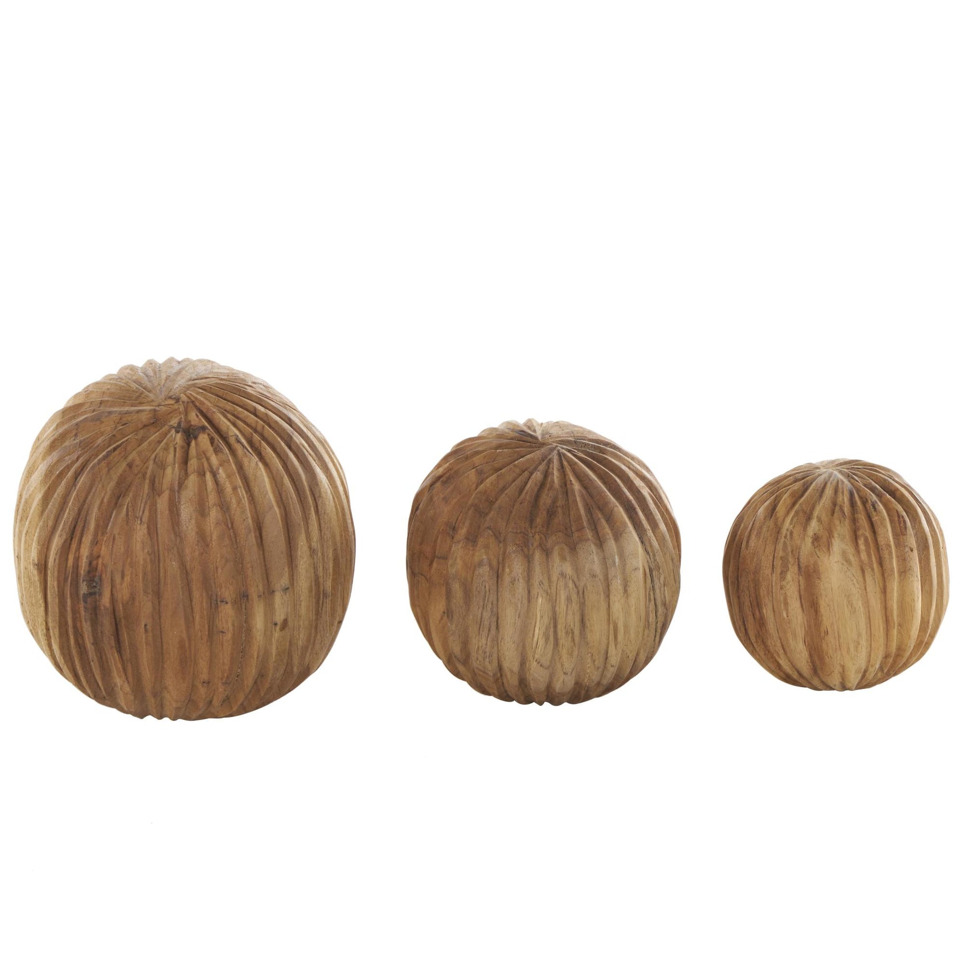 Set of 3 Teak Wood Handmade Carved Textured Decorative Orbs & Vase Filler with Wavy Ridges