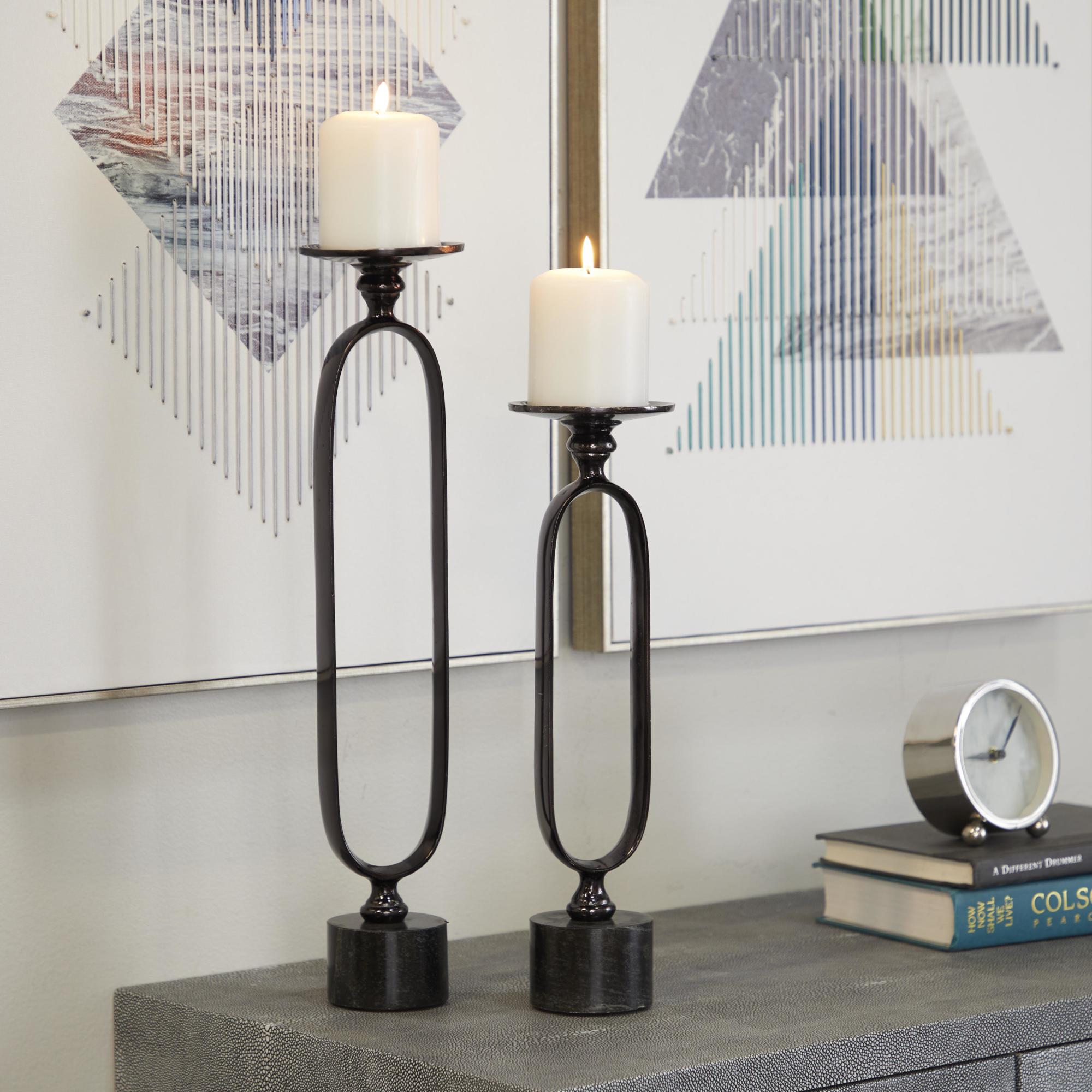 Set of 2 Aluminum Metal Paper Clip Pillar Decorative Candle Holder with Marble Base